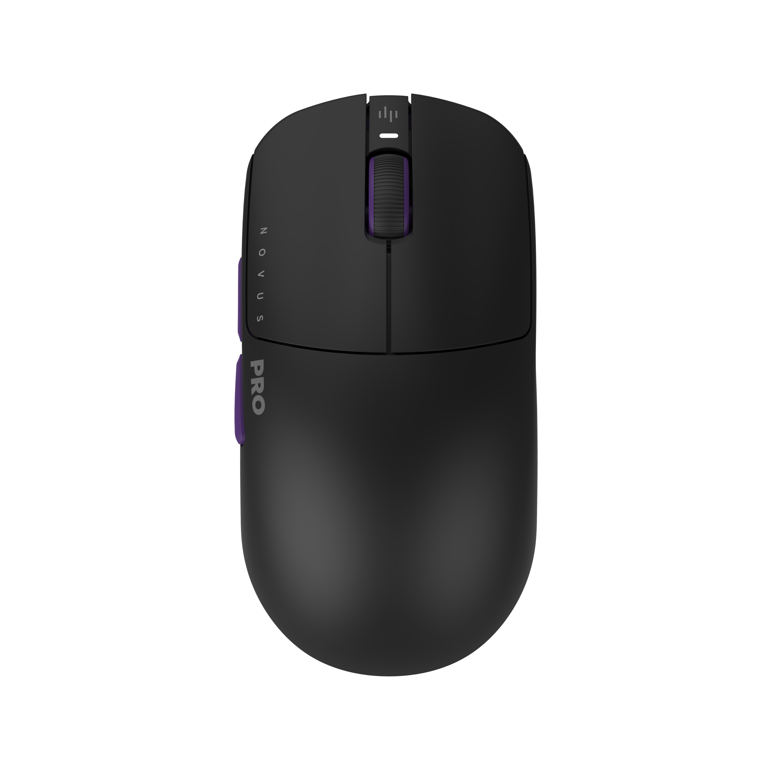 Zwarte muis met paarse accenten. Bovenaanzicht toont scrollwiel en knoppen. Novus Pro label.