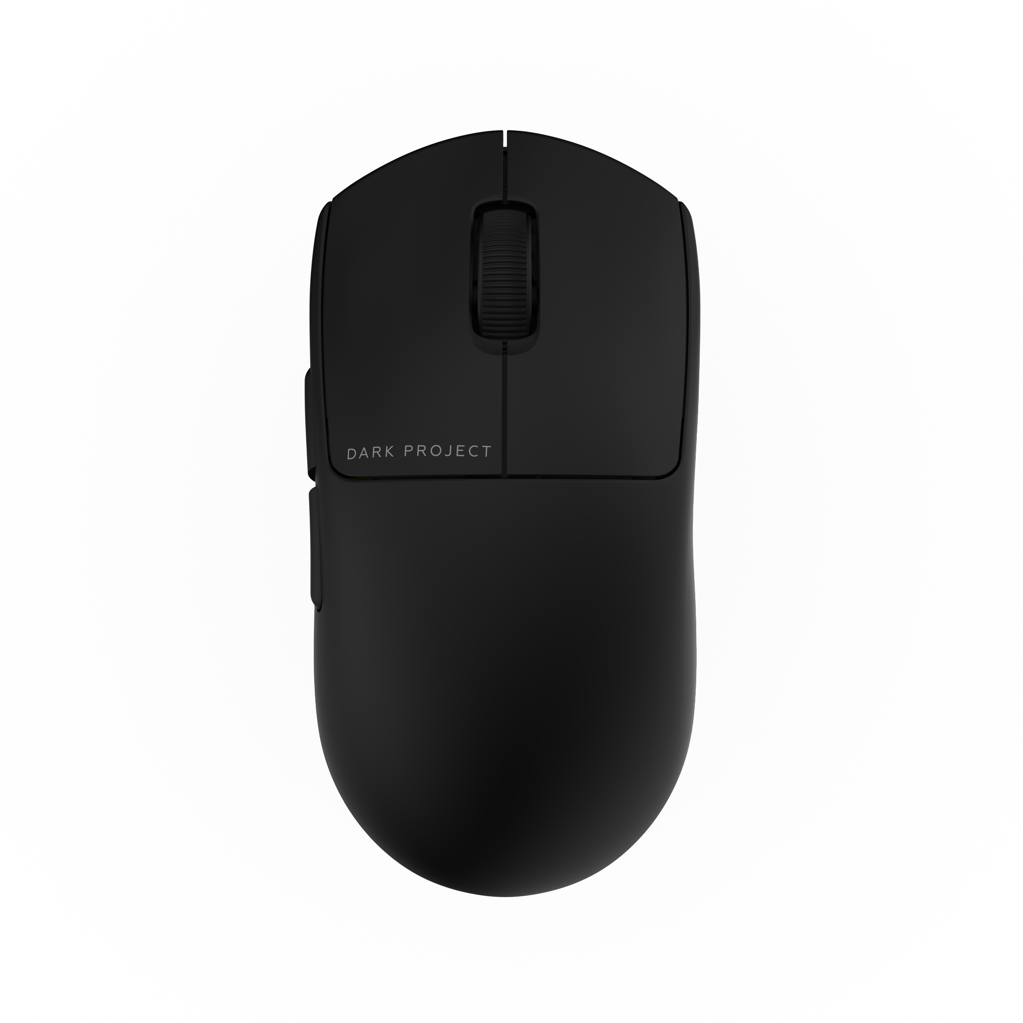 Een zwarte computermuis met de tekst 'DARK PROJECT' op een zwarte achtergrond.