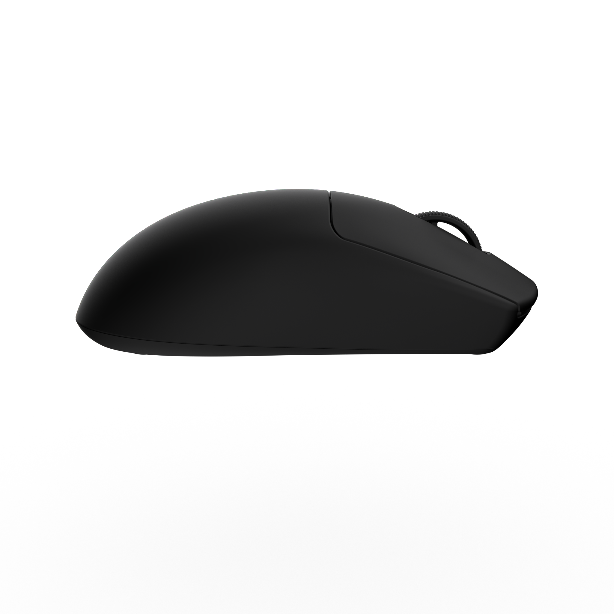 Zwarte computermuis op een zwarte achtergrond. De muis heeft een strak, gebogen ontwerp.