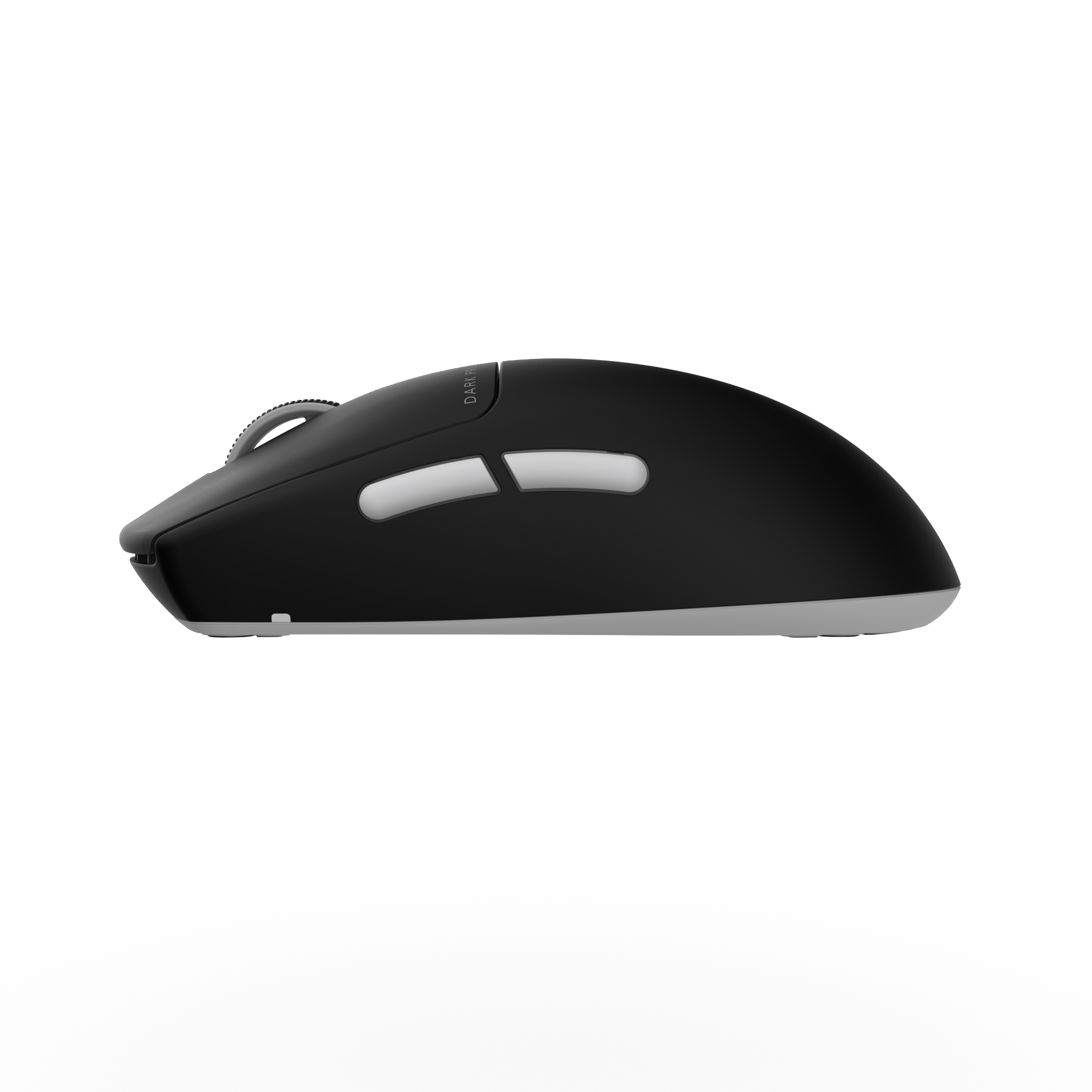 Czarna mysz gamingowa z białymi przyciskami i szarą podstawą.