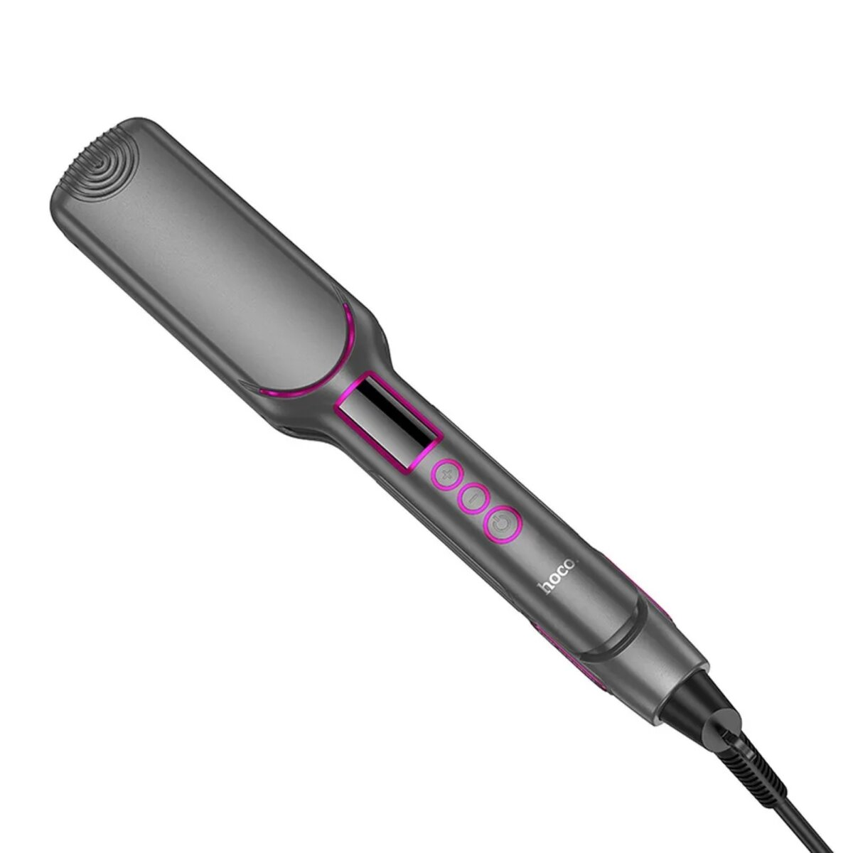 Ein graues und rosa Haarglätteisen mit Digitalanzeige und Knöpfen.