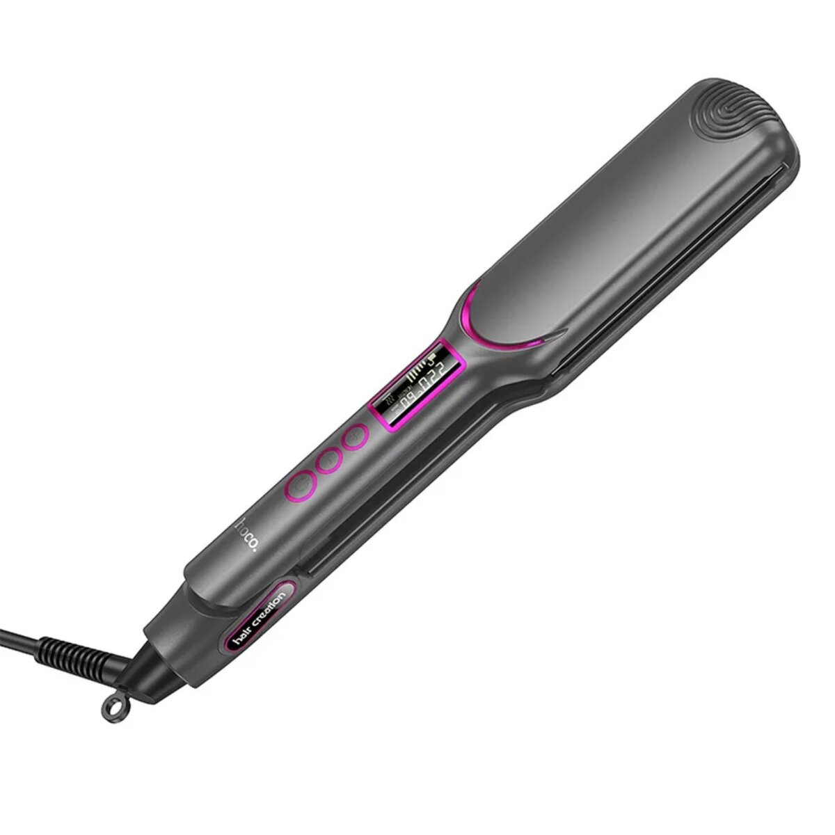 Graues Glätteisen mit rosa Akzenten und einem LCD-Bildschirm, der Temperatureinstellungen anzeigt.