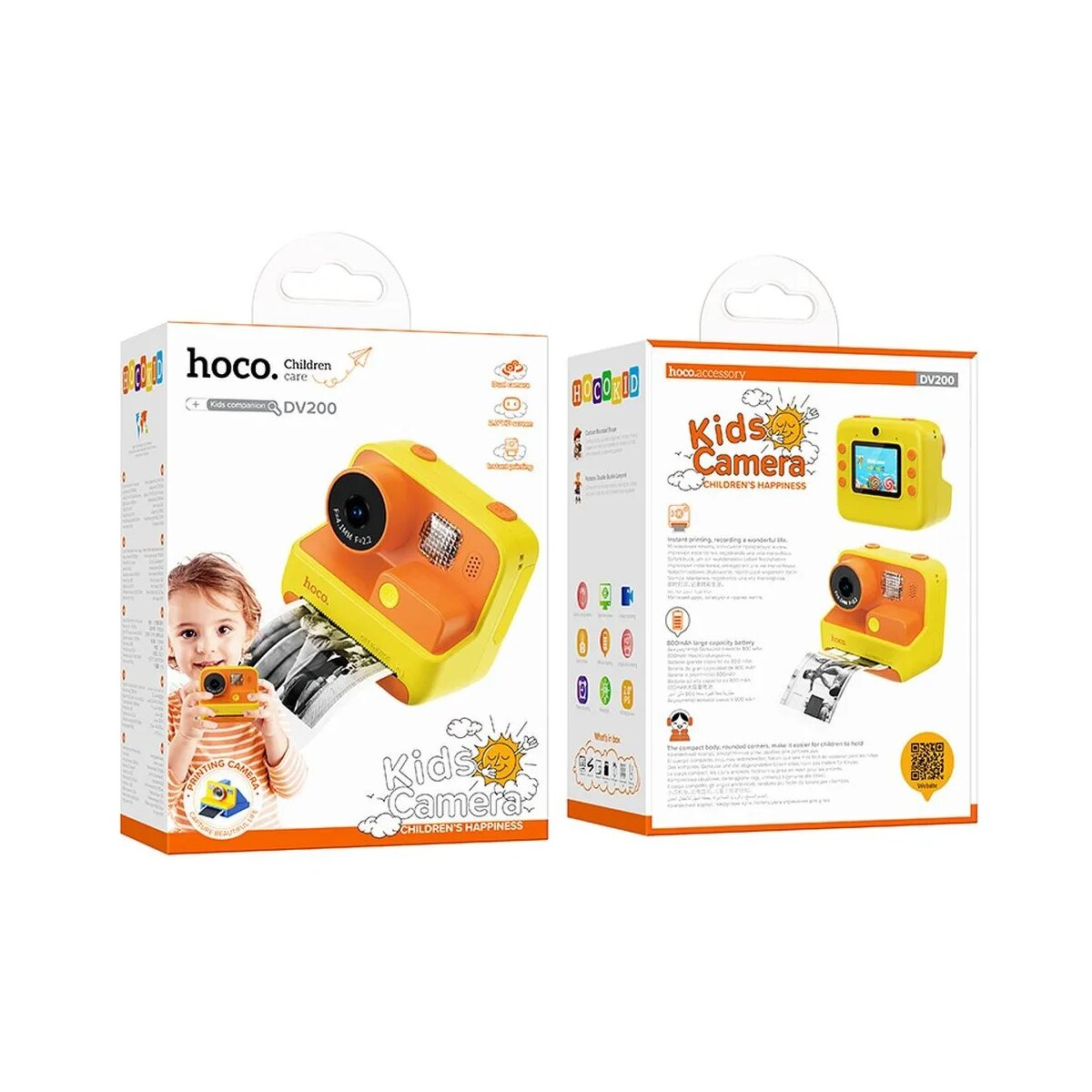 Zwei Kartons einer gelb-orangenen Kinderkamera, mit einem Kind, das sie hält.