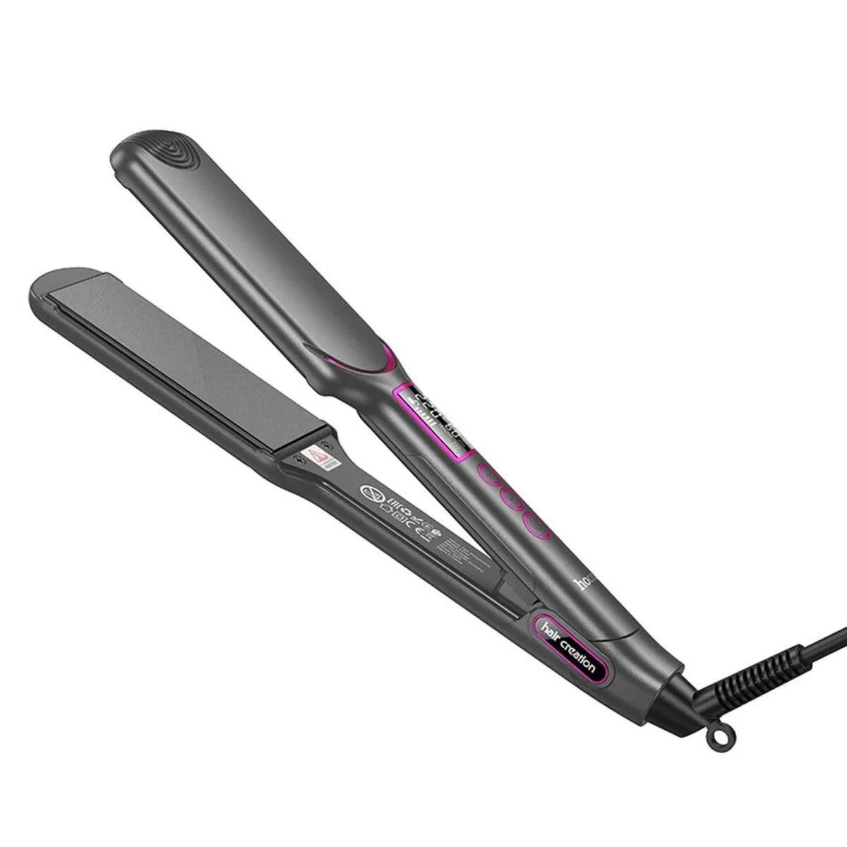 Haarglätter, schwarz und grau. Rosa Display und Knöpfe. Weißer Hintergrund.