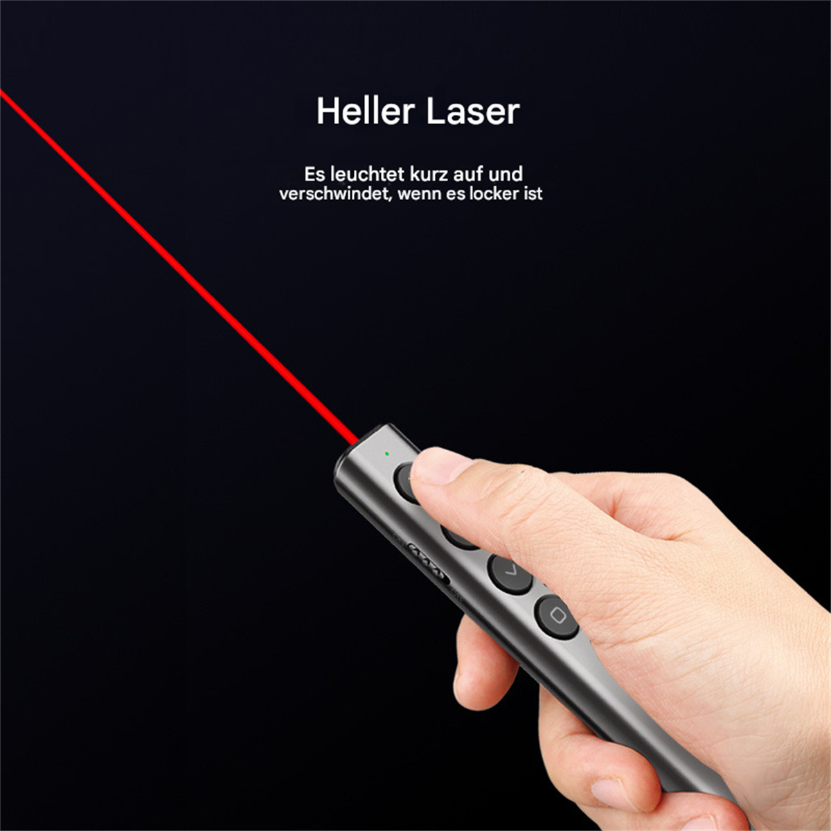 Person hält einen Laserpointer mit einem roten Strahl, der daraus austritt.