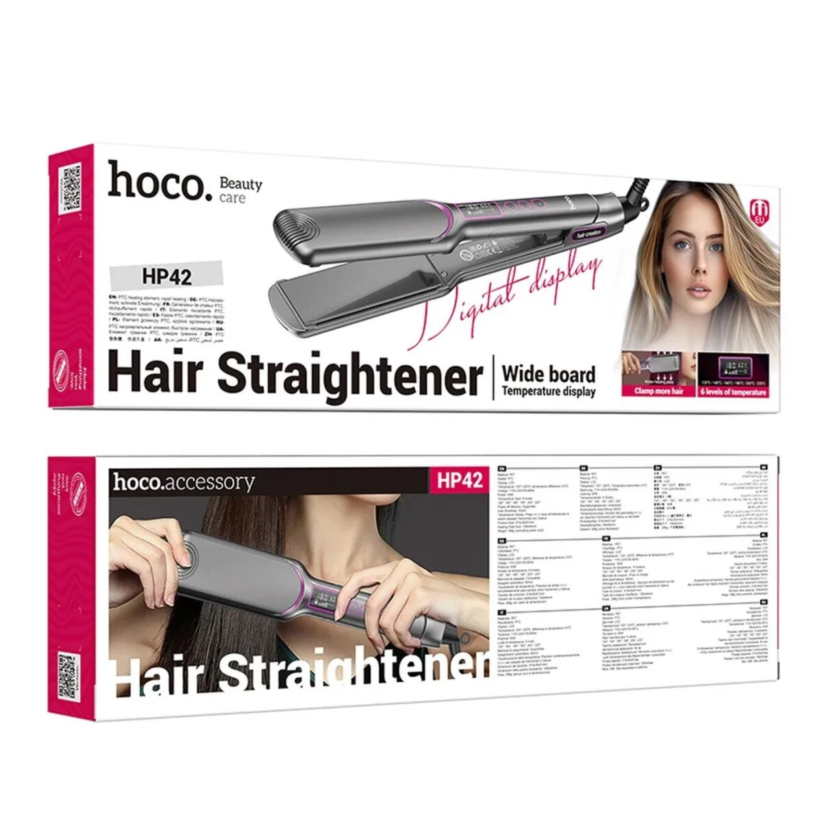 Haarglätter-Box mit Frauenbild, Produkt und Merkmale zeigend, weißer Hintergrund.