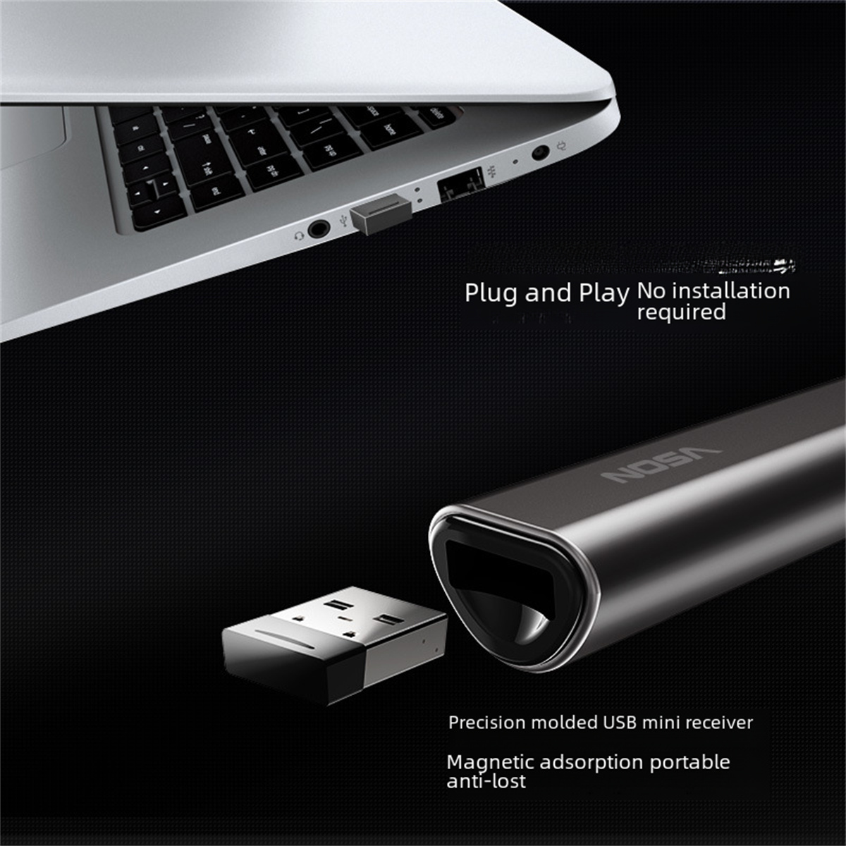 Ein Laptop mit eingestecktem USB-Mini-Empfänger. Ein separater USB-Empfänger wird ebenfalls gezeigt.