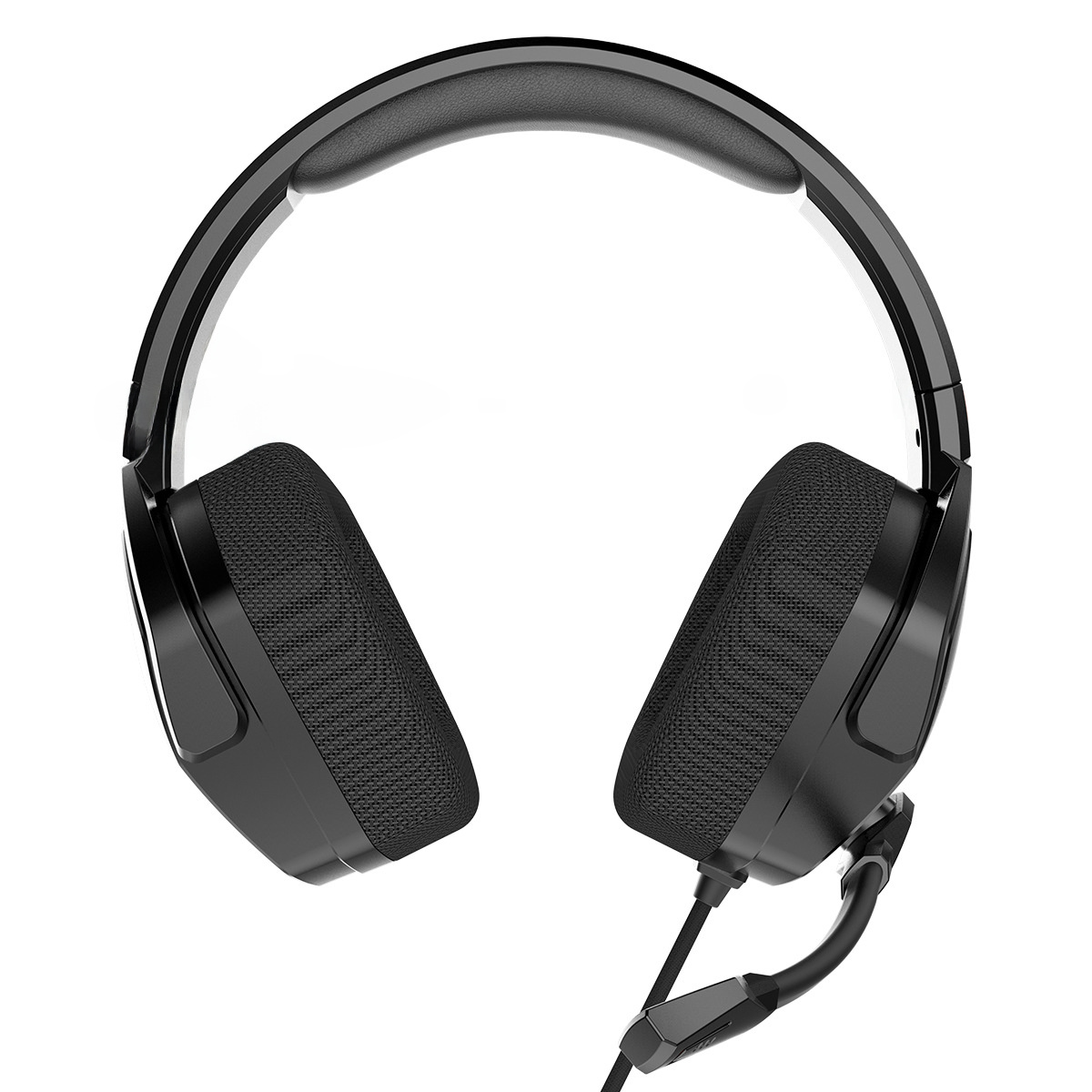 Schwarzer Kopfhörer mit Mikrofon. Die Ohrmuscheln sind groß und gepolstert. Das Kabel ist schwarz.