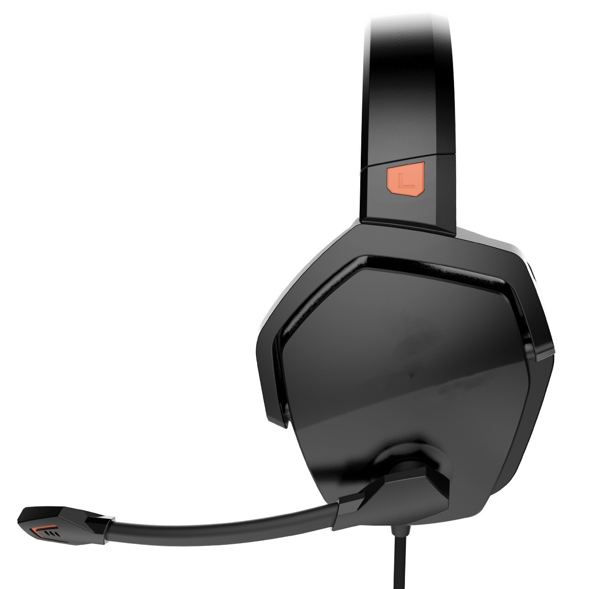 Ein schwarzes Gaming-Headset mit orangefarbenem Akzent am rechten Ohrmuschel und einem Mikrofon.