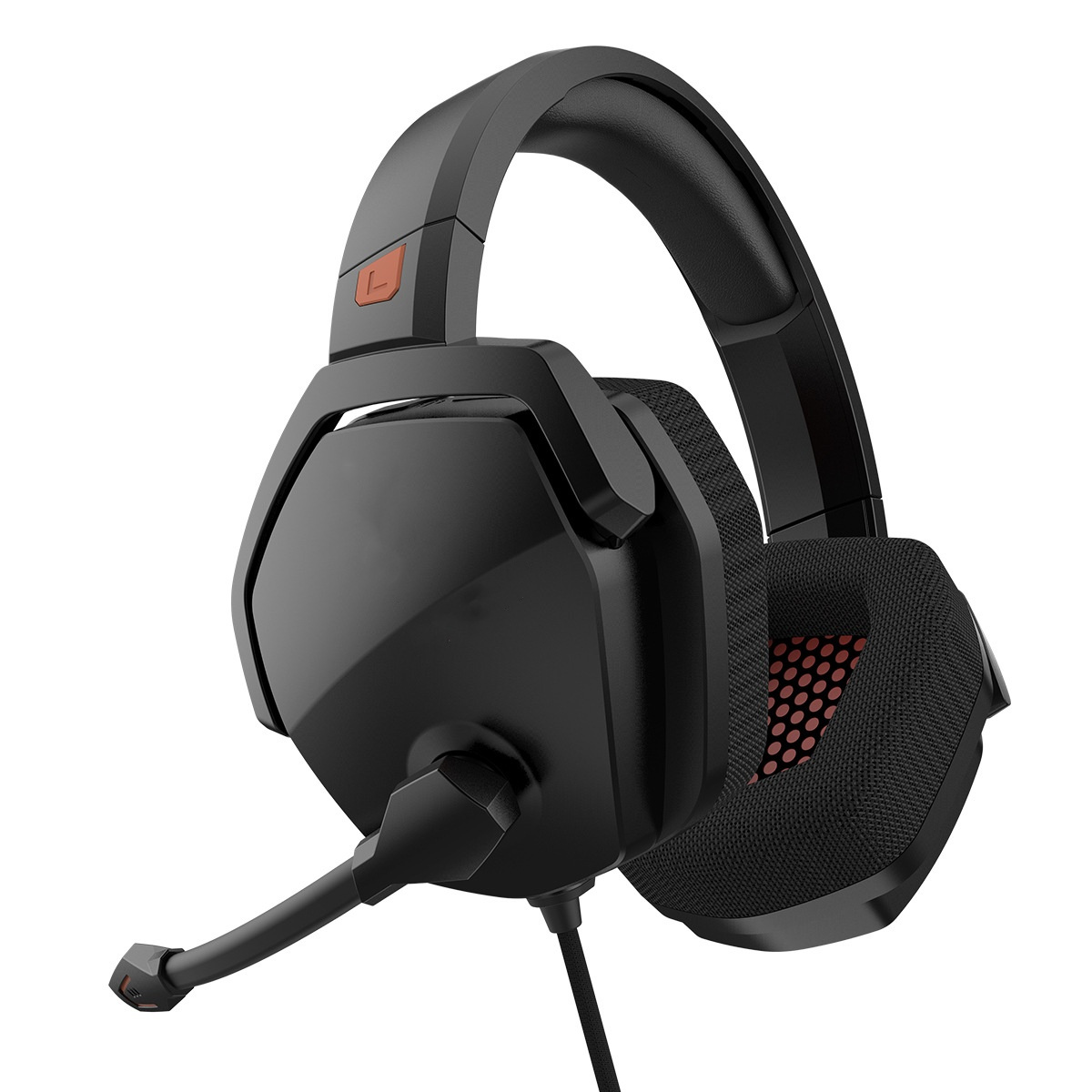 Schwarze Gaming-Kopfhörer mit Mikrofon. Sie haben ein rotes Mesh auf den Ohrmuscheln.