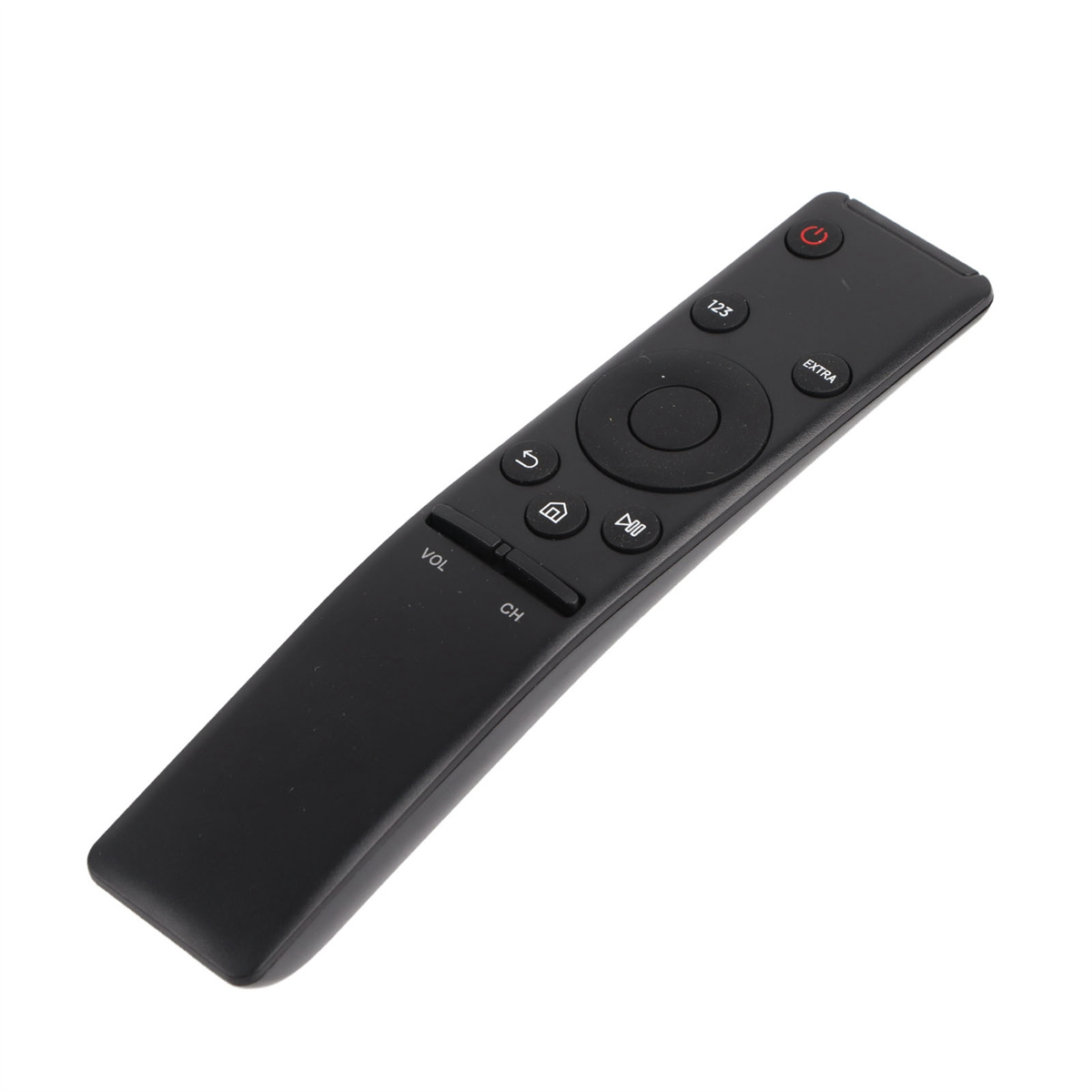 Eine schwarze TV-Fernbedienung mit mehreren Tasten, isoliert auf weißem Hintergrund.