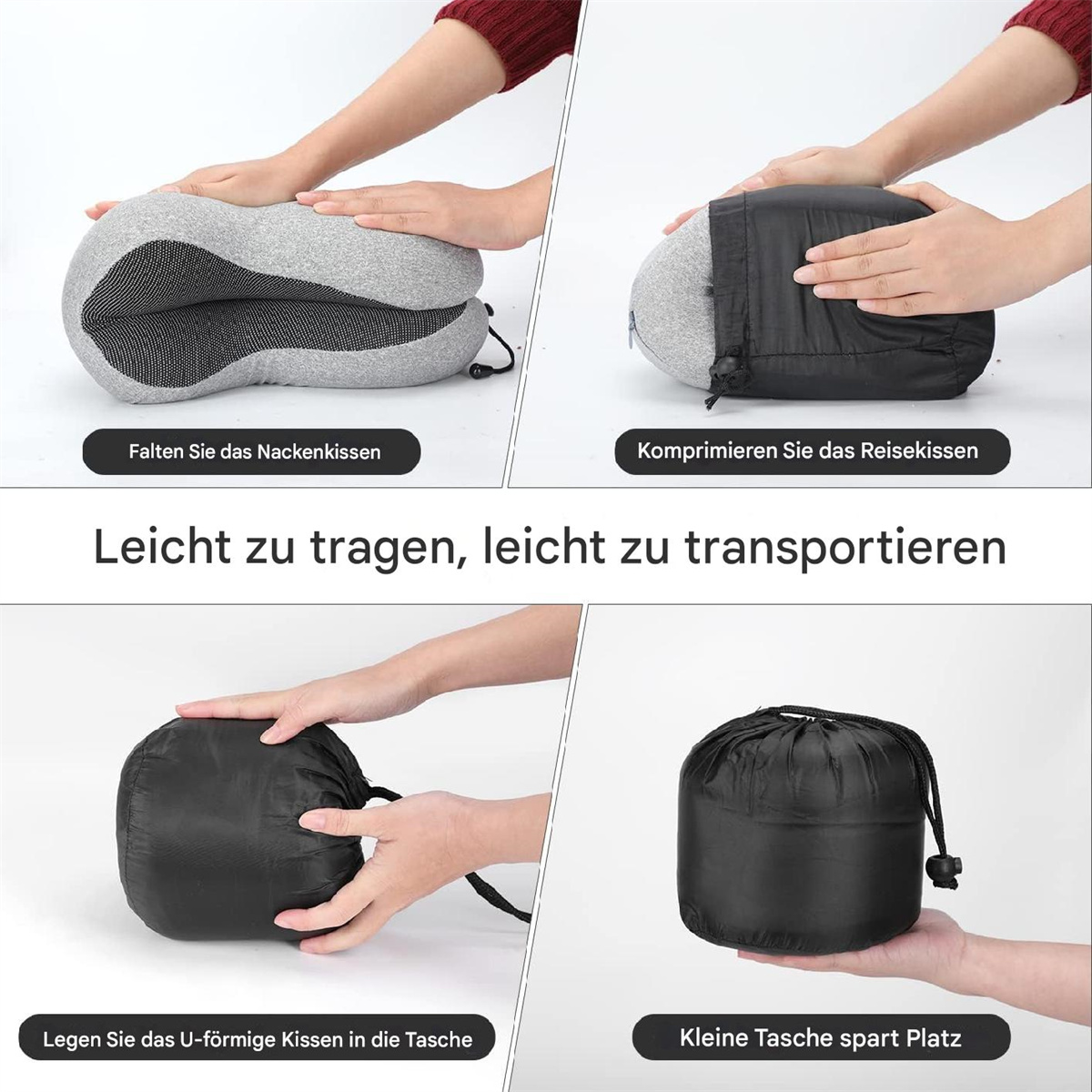 Vier Bilder, die Schritte zum Falten und Zusammendrücken eines Reisekissens zeigen, und es dann in eine kleine Tasche legen.