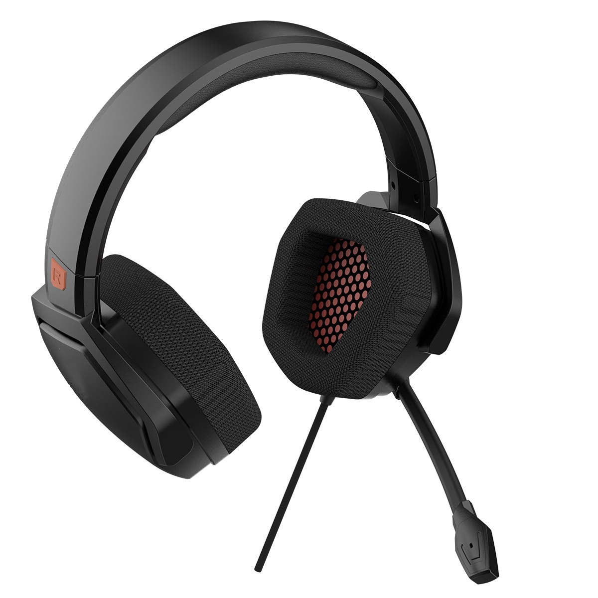 Schwarzes Gaming-Headset mit Mikrofon, abgewinkelt vor weißem Hintergrund.