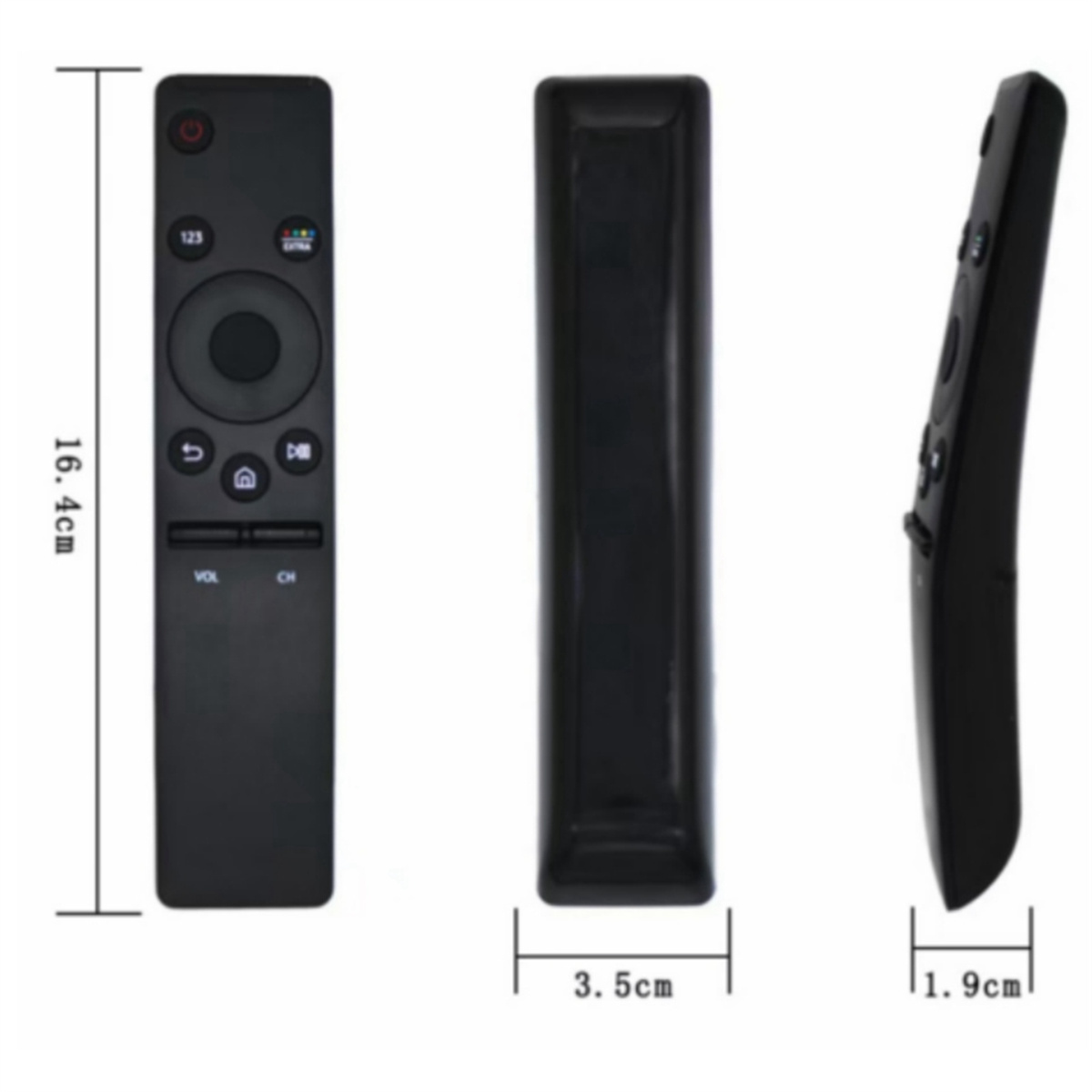Schwarze TV-Fernbedienung mit Vorder-, Rück- und Seitenansicht mit Maßen.