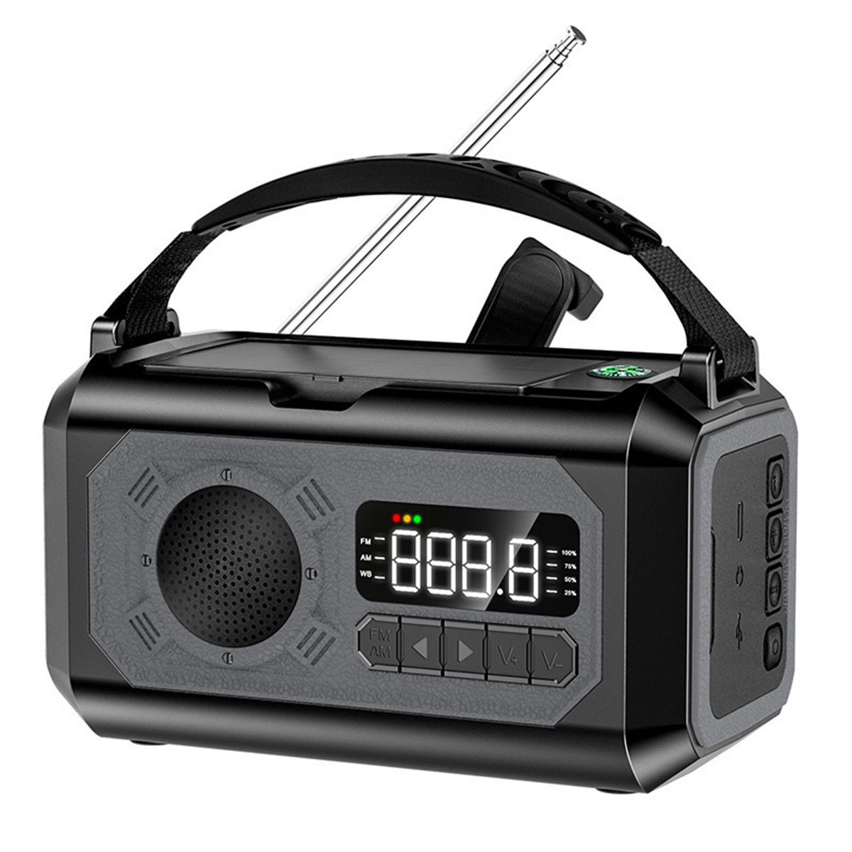 Schwarz-graues Radio mit Antenne. Digitalanzeige. Weißer Hintergrund.