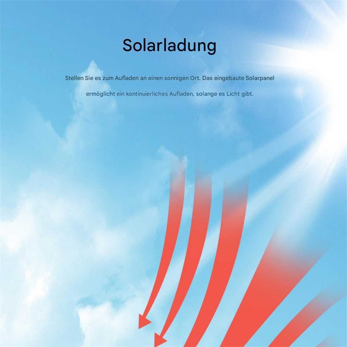 Blauer Himmel mit Wolken und roten Pfeilen nach unten, die Solarladetechnologie veranschaulichen.