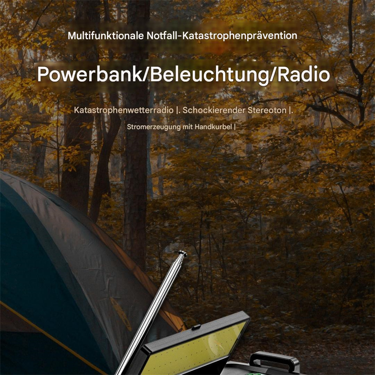 Outdoor-Notfallgerät: Powerbank, Beleuchtung und Radio, mit einem Zelt im Hintergrund.