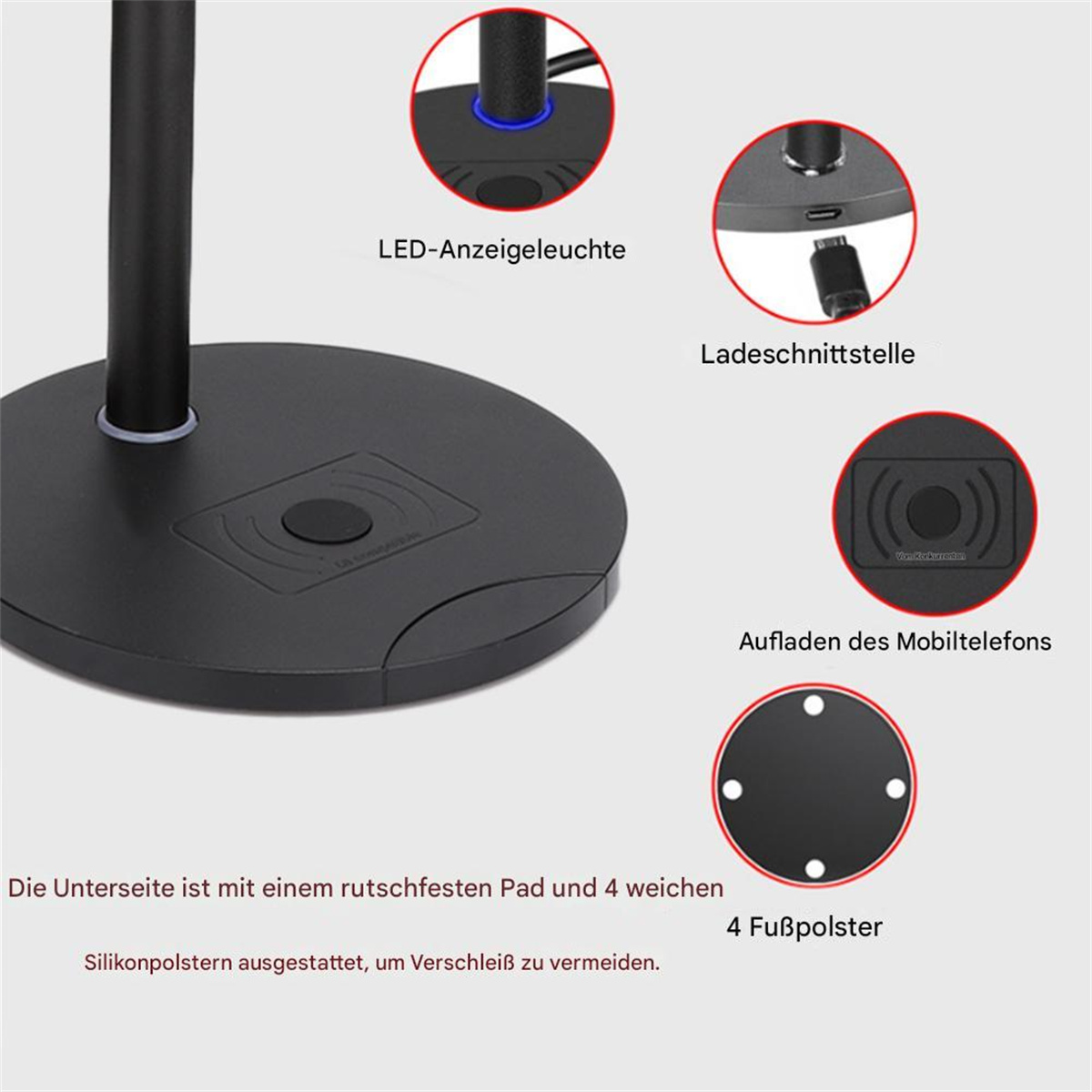 Schwarzer Lampensockel mit kabellosem Ladepad und USB-Anschluss. Textbeschriftungen, Details.