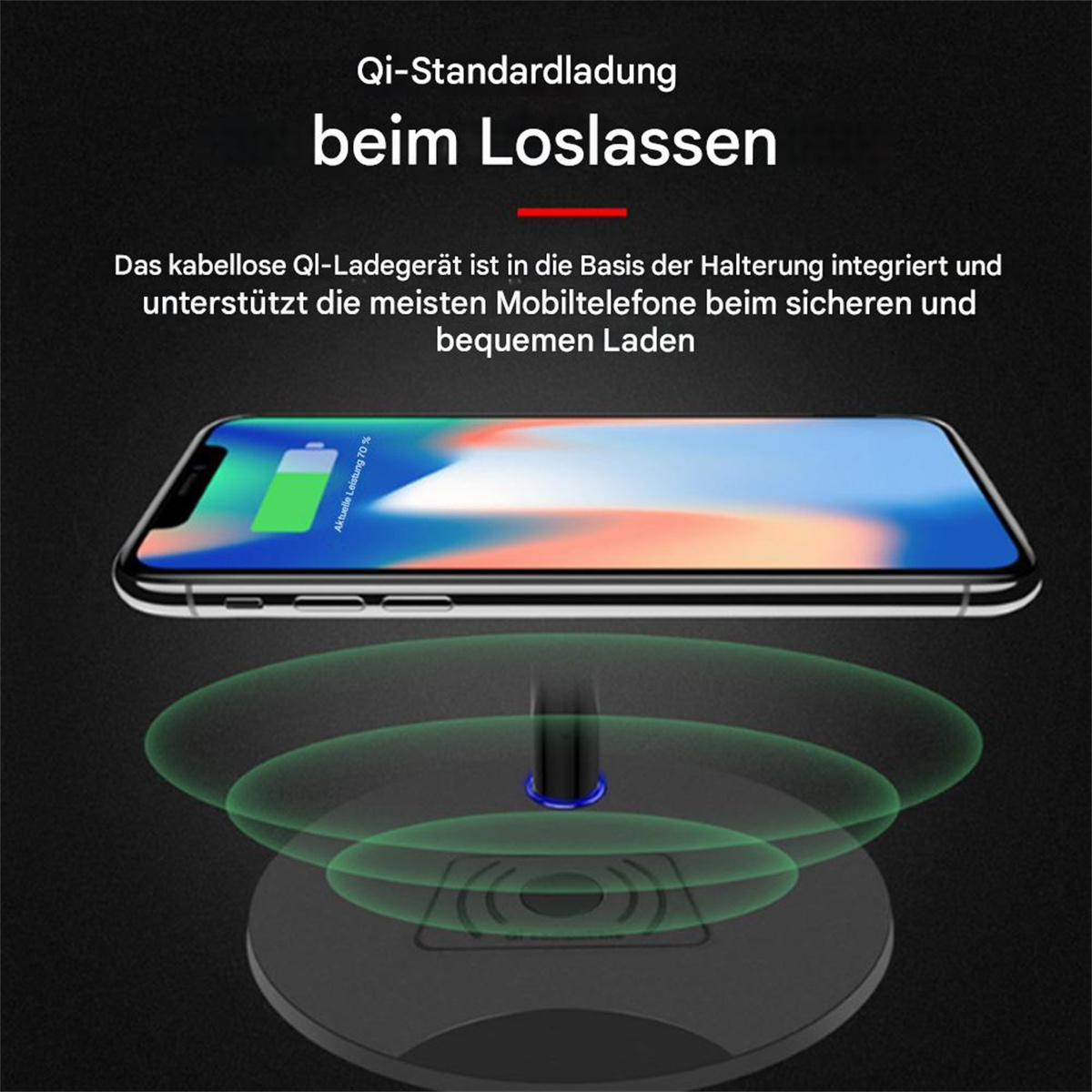 Ein Telefon wird kabellos aufgeladen. Text lautet: Qi-Standardladung beim Loslassen.