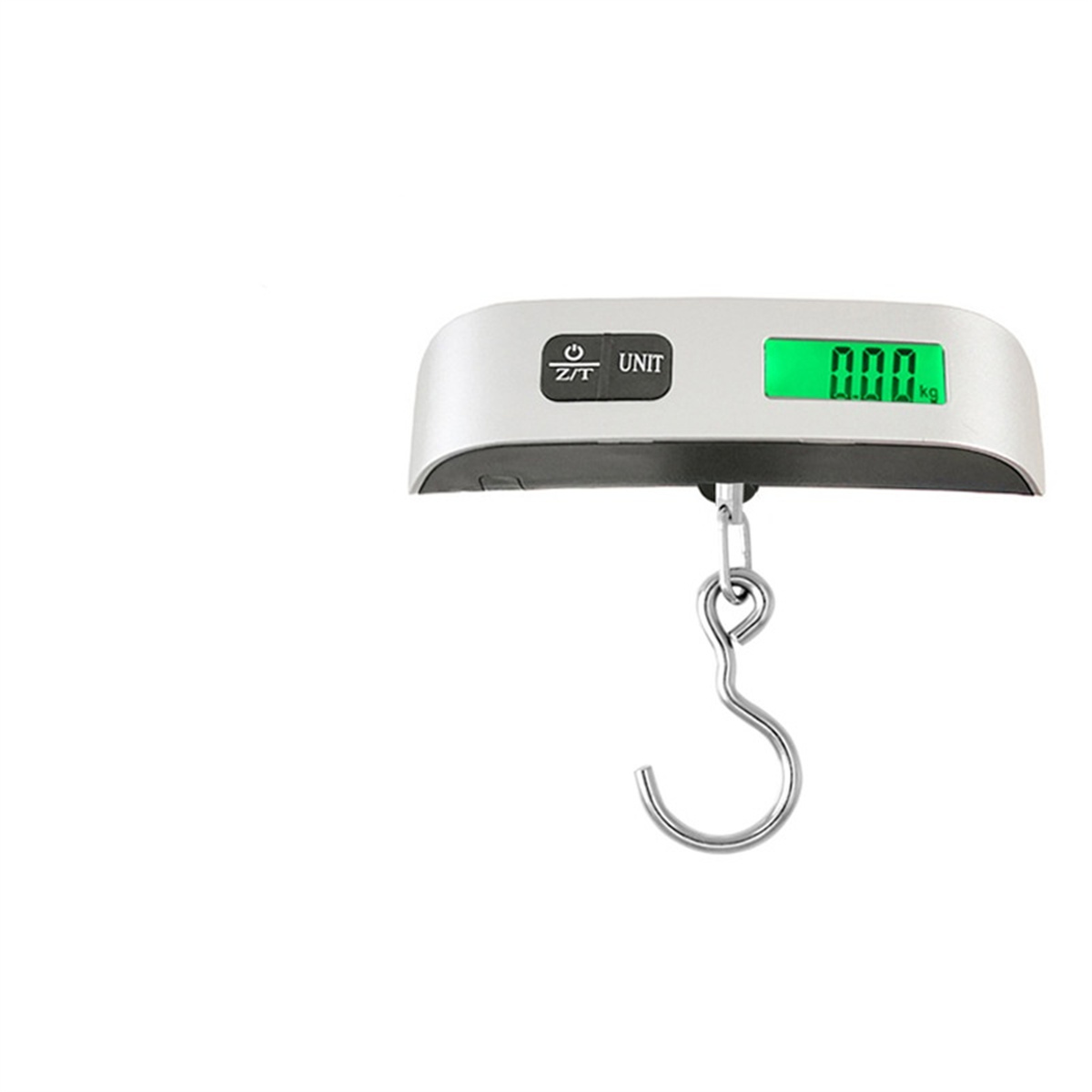 Digitale Hängewaage mit weißem Gehäuse, grünem Display und silbernem Haken. Zeigt 0,00 kg an.
