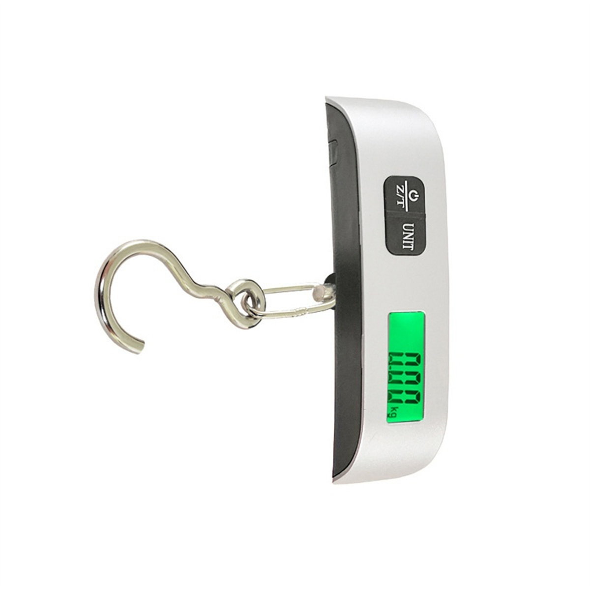 Silberne digitale Gepäckwaage mit Haken und Anzeige. Grüne Anzeige zeigt 0,000 kg.