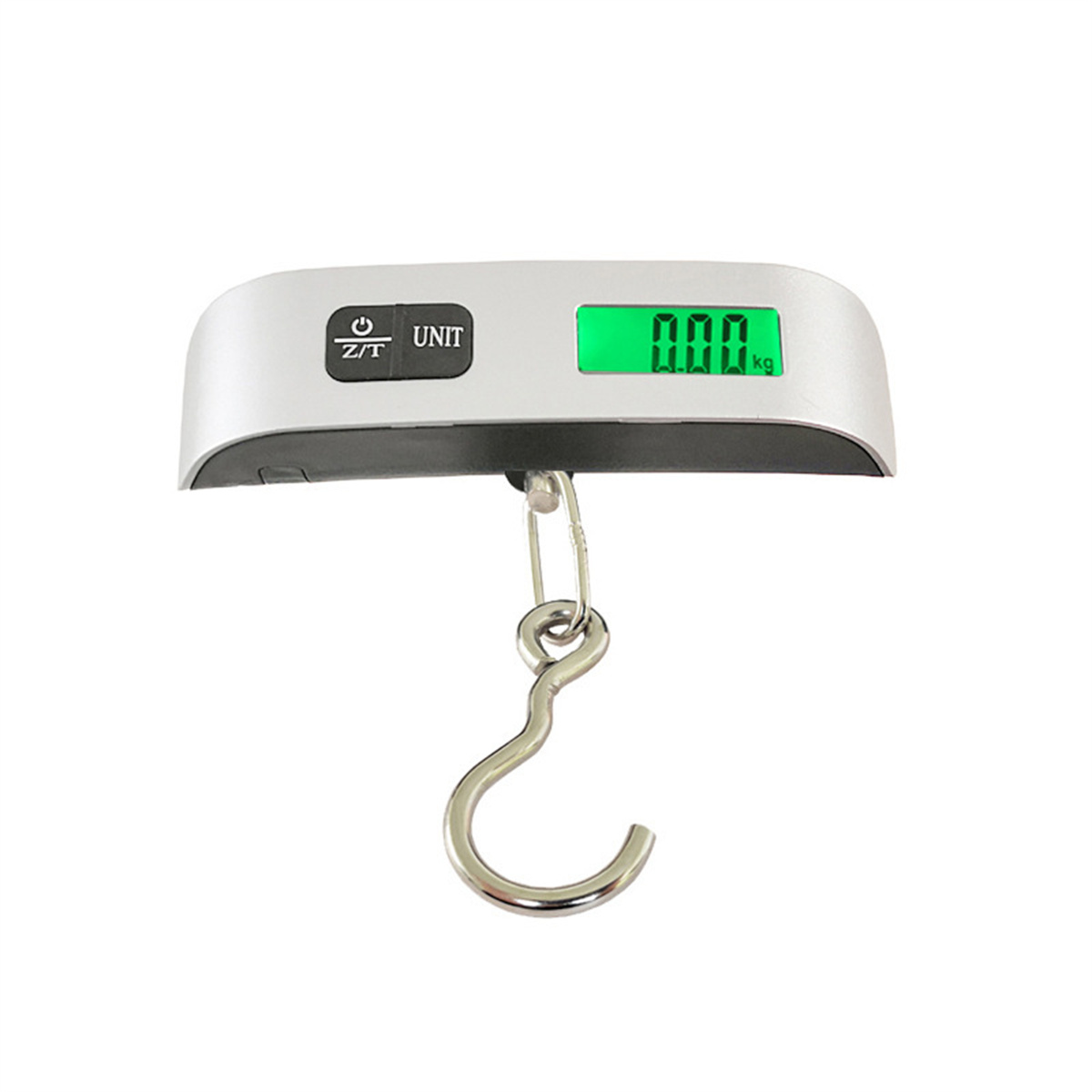 Digitale Gepäckwaage mit 0,00 kg, mit einem Metallhaken, vor weißem Hintergrund.