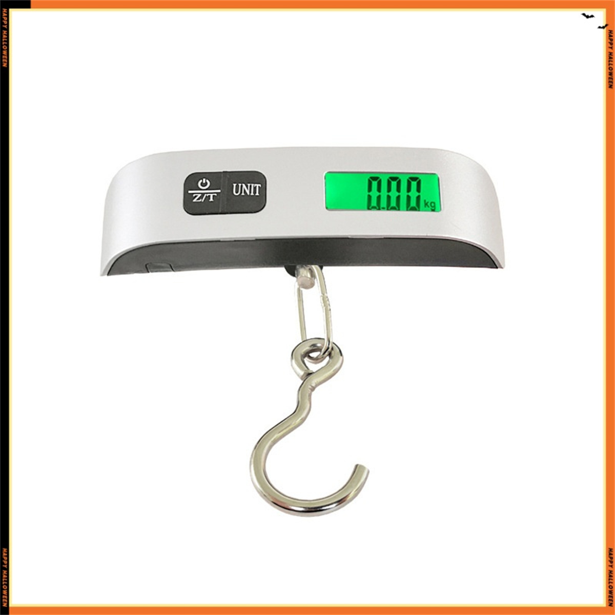 Digitale Gepäckwaage mit grünem Display, das 0,00 kg anzeigt, und einem silbernen Haken.