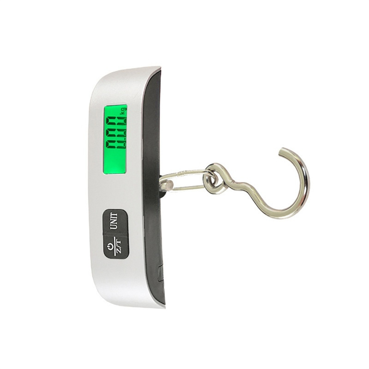 Digitale Waage mit Haken und grüner Anzeige mit 0,0 kg.
