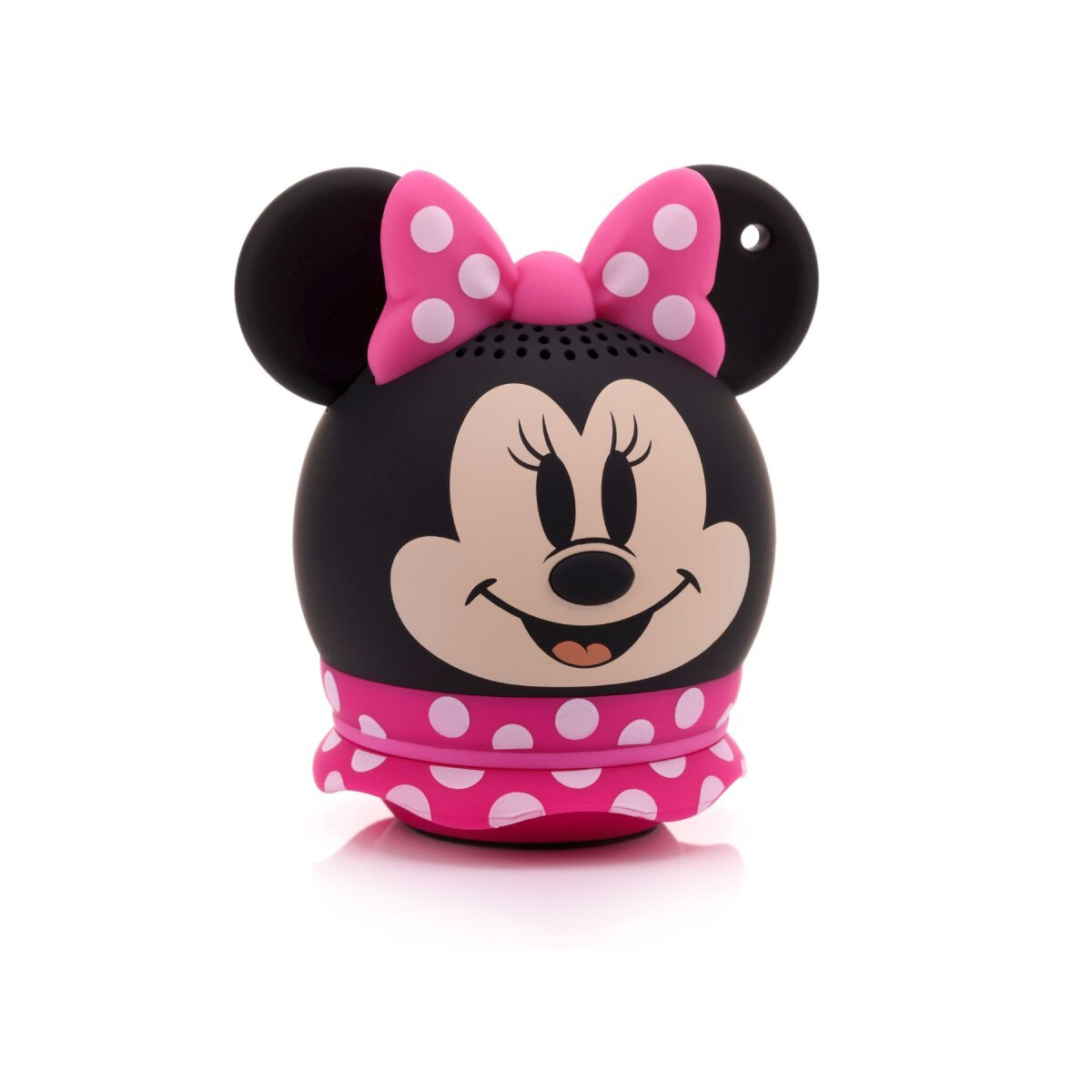 Minnie Mouse Lautsprecher, schwarz mit rosa Tupfen, weißer Hintergrund, lächelndes Gesicht.