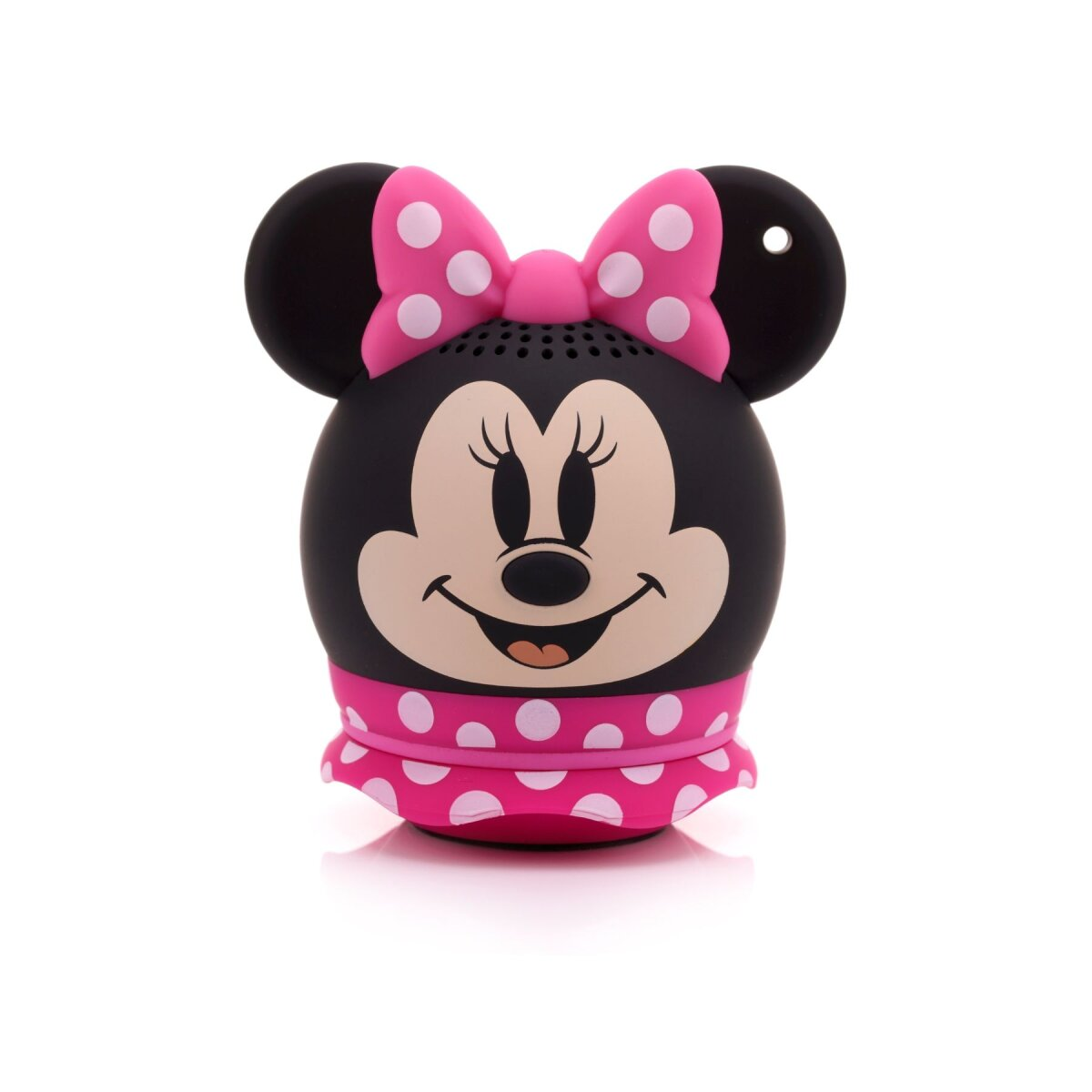 Minnie-Maus-Lautsprecher auf Weiß. Schwarze Ohren, rosa Schleife mit weißen Punkten und rosa Kleid.