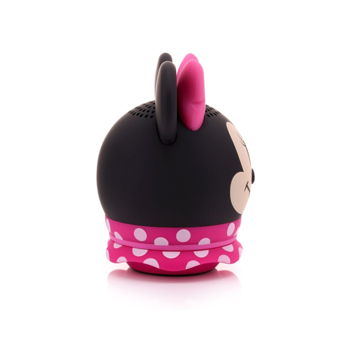 Minnie-Maus-Lautsprecher, Seitenansicht, schwarz mit rosa Tupfenrock und Schleife.