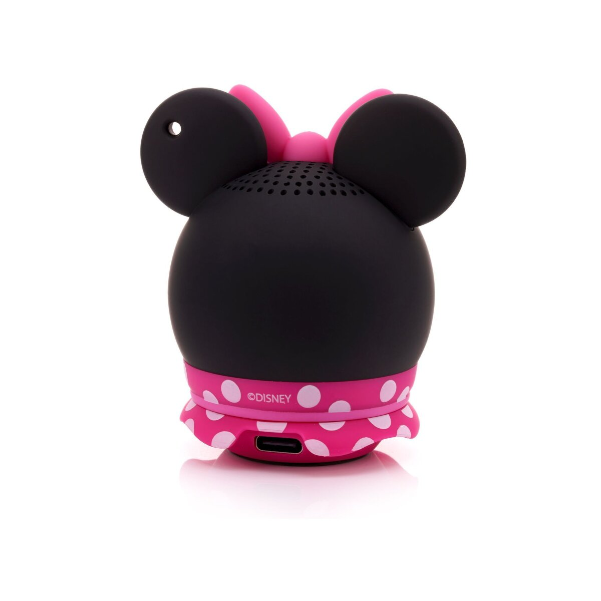 Lautsprecher in Minnie-Maus-Form. Schwarzer Körper mit rosa Schleife und Tupfen.