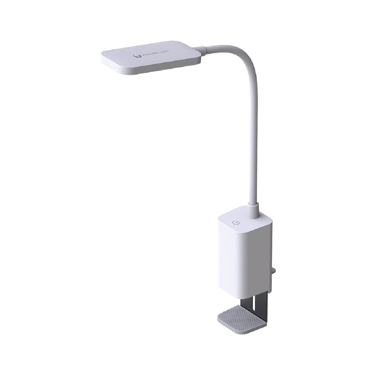 Eine weiße Schreibtischlampe mit einem biegsamen Arm. Sie hat einen quadratischen Kopf und einen Clip-Fuß.