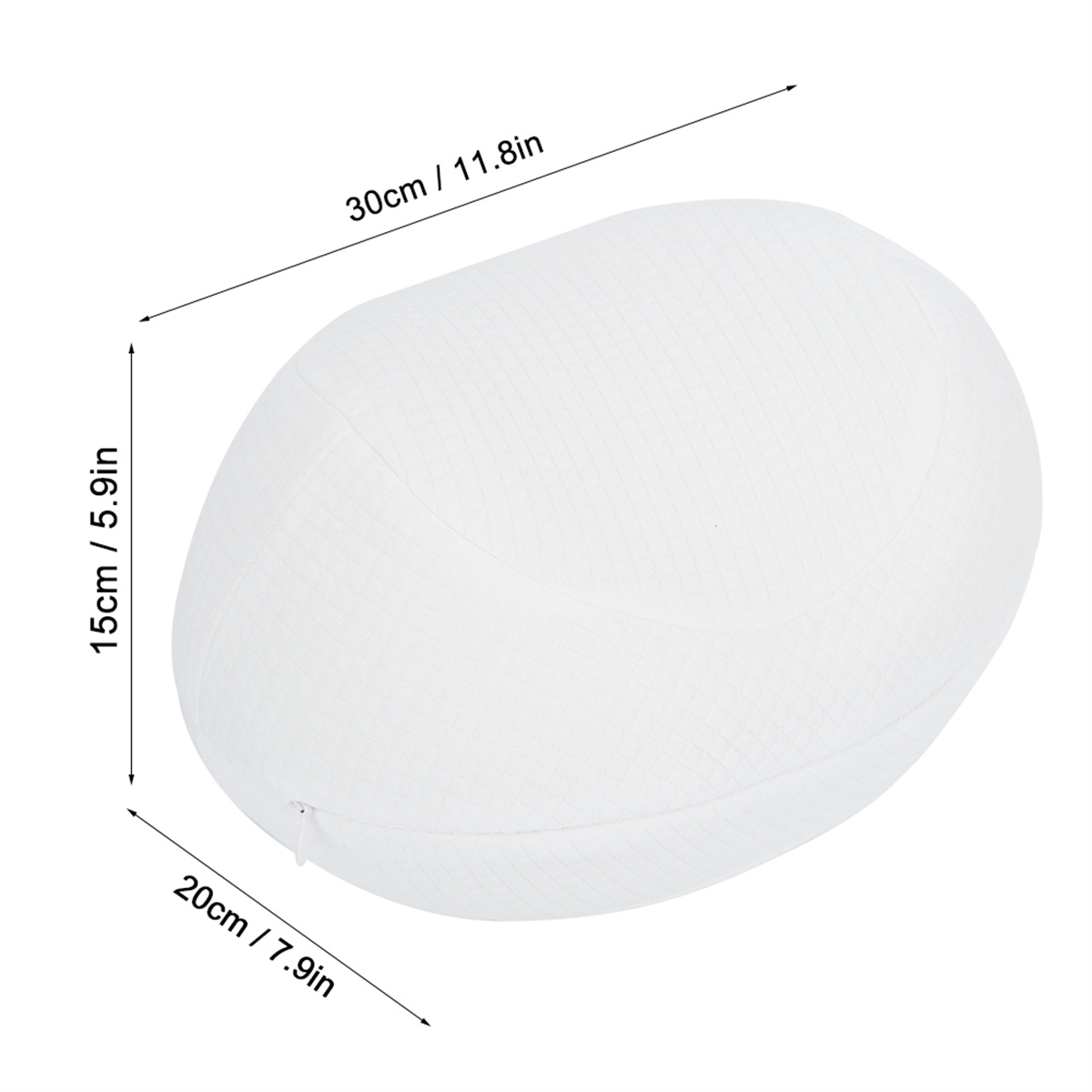 Weißes, ovalförmiges Kissen mit Abmessungen. Die Abmessungen sind 30 cm, 15 cm und 20 cm.