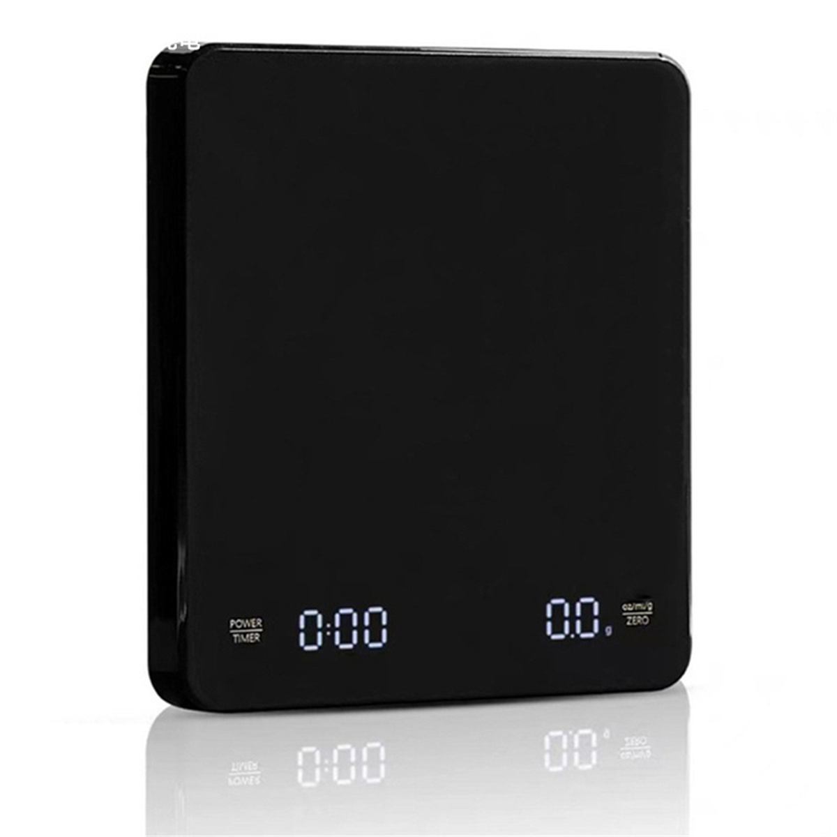 Schwarze digitale Küchenwaage mit Timer und Gewicht. Weiße Ziffern auf schwarzem Grund.