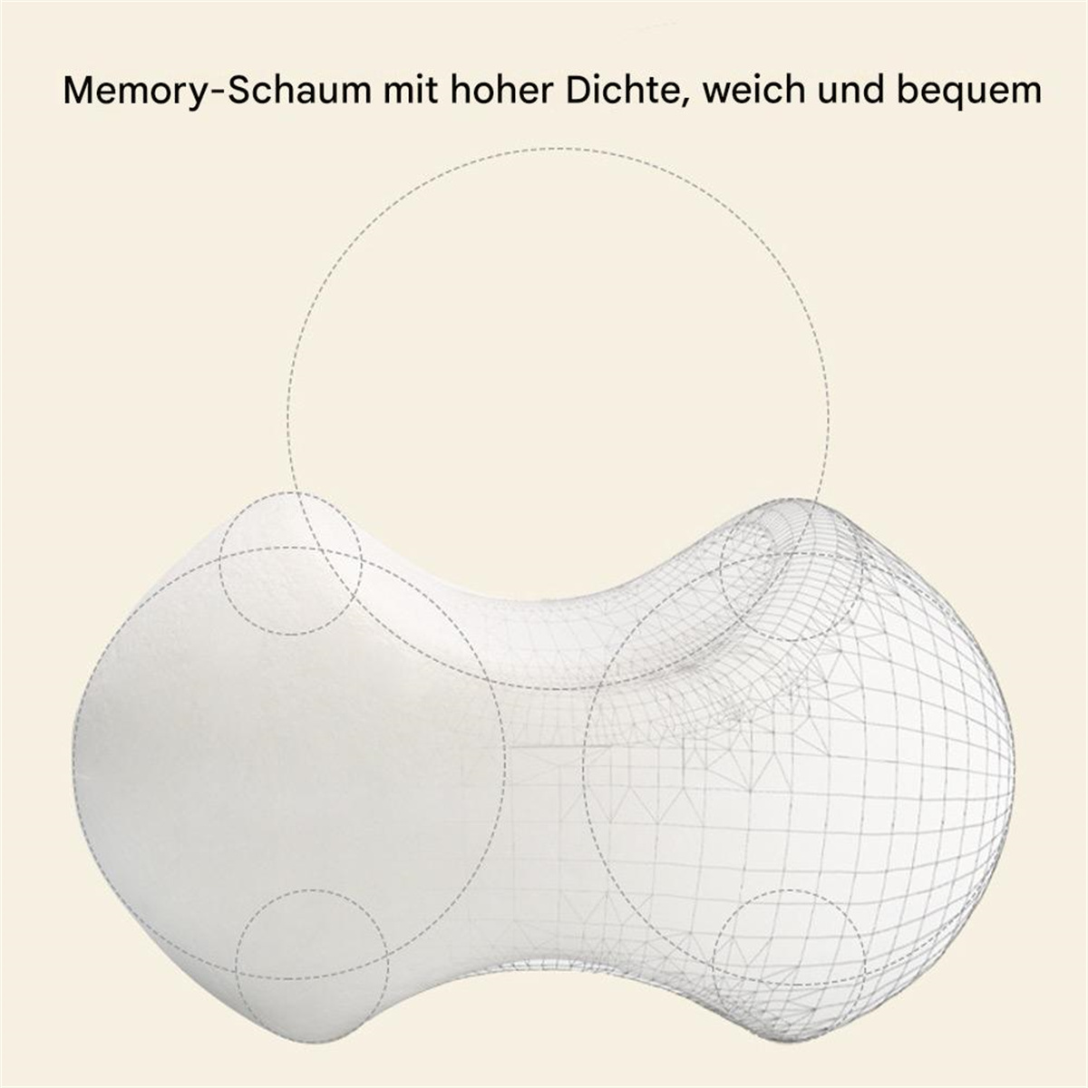 Weißes Memory-Schaum-Kissen, mit einem Drahtmodell seiner Form überlagert.