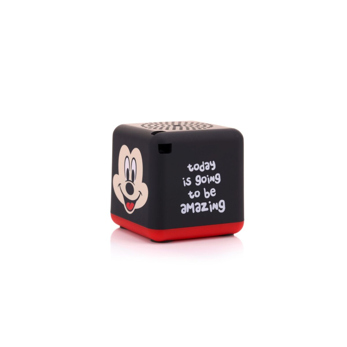 Ein schwarzer Würfel-Lautsprecher mit Mickey Mouse Gesicht und dem Text 'today is going to be amazing'.