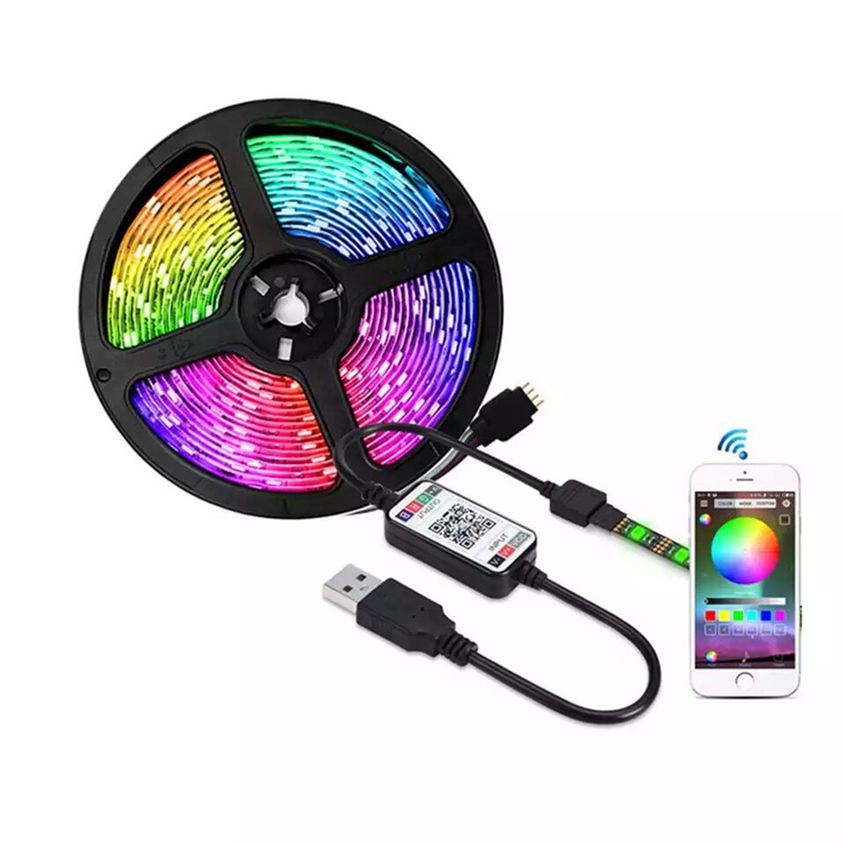 Eine Rolle bunter LED-Streifenlichter, USB-Kabel und ein Telefon, das Farbsteuerungen anzeigt.