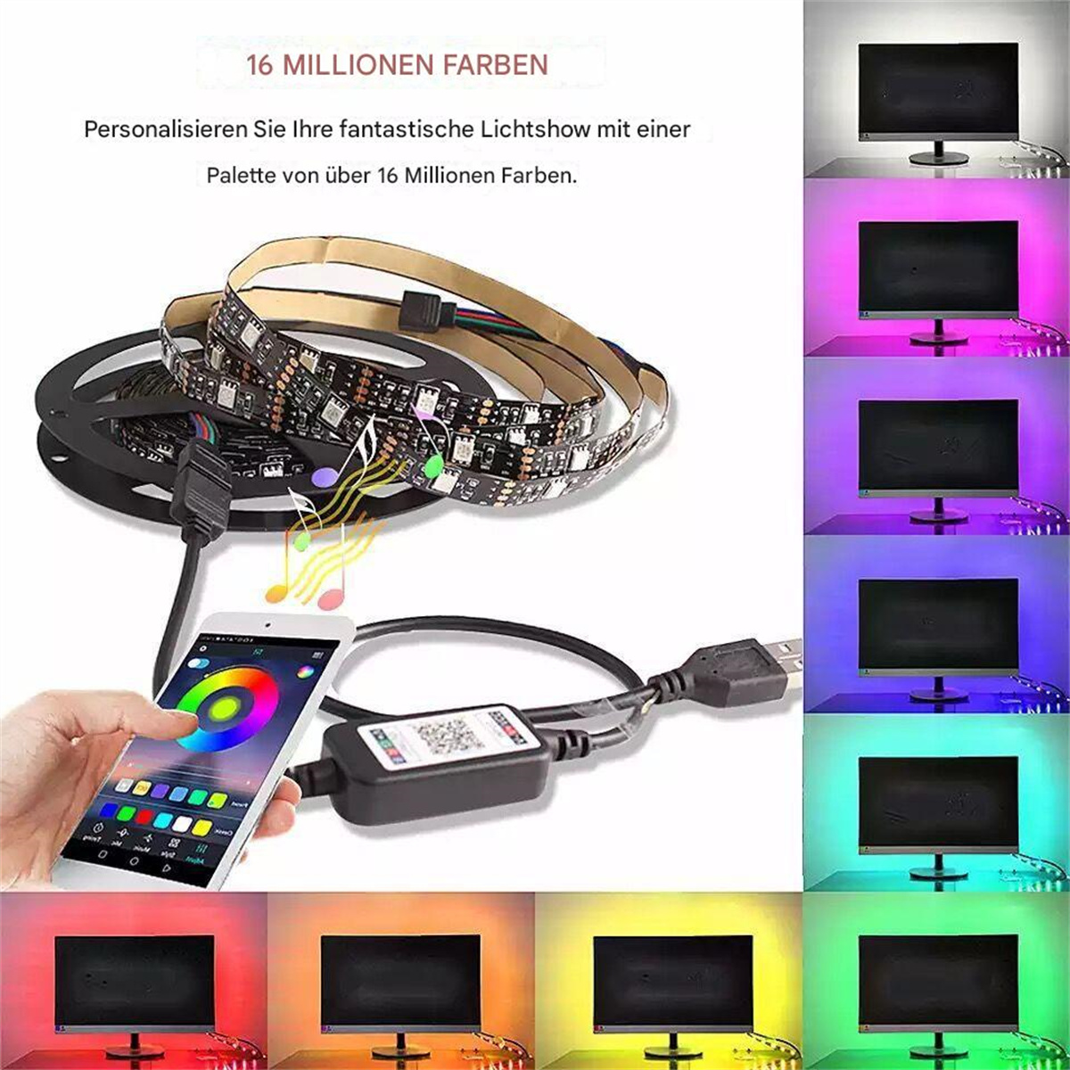 LED-Lichtleisten mit Steuerbox und Telefon, das Farboptionen anzeigt, plus mehrere beleuchtete Monitore.