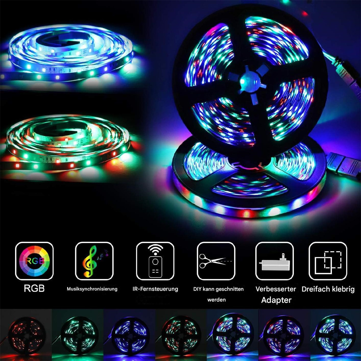 LED-Streifen auf Rollen, verschiedene Farben, Symbole, die Funktionen veranschaulichen.