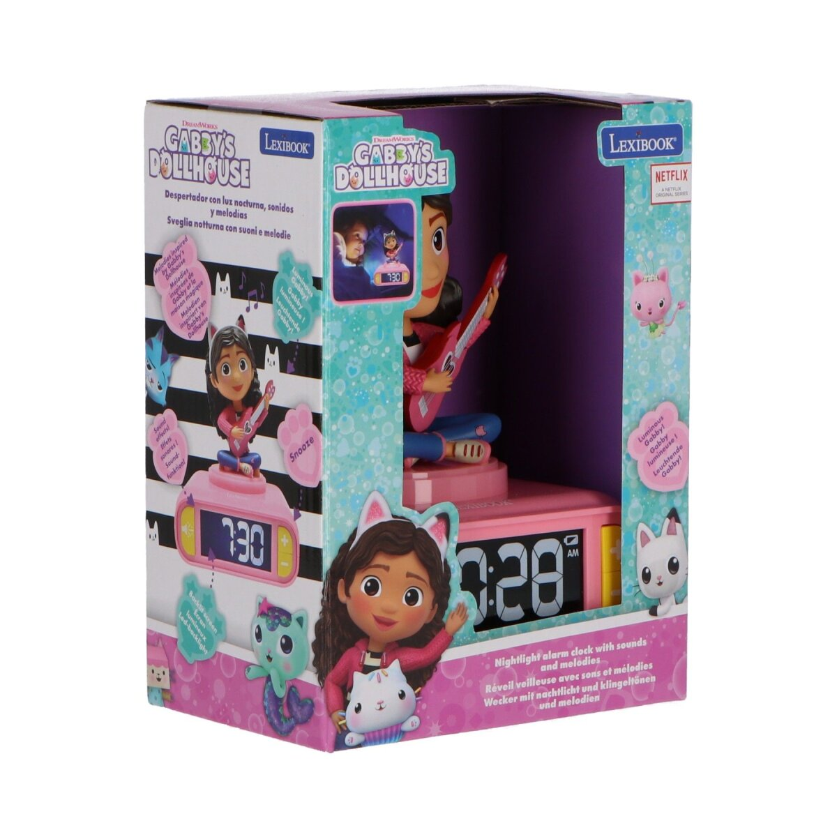 Despertador de Gabby's Dollhouse en una caja, con personajes y diseño.