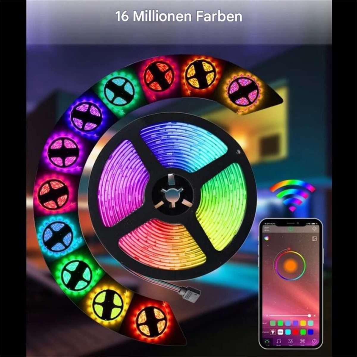 LED-Streifenrolle mit lebendigen Farben, ein Smartphone und ein Regenbogen-Wi-Fi-Symbol. Der Text lautet '16 Millionen Farben'.