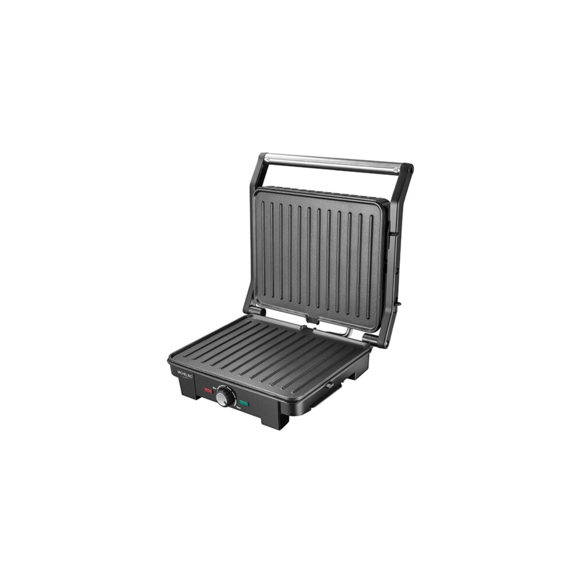 Schwarze Panini-Presse, geöffnet. Sie steht auf weißem Hintergrund. Die Presse hat Rillen zum Grillen.