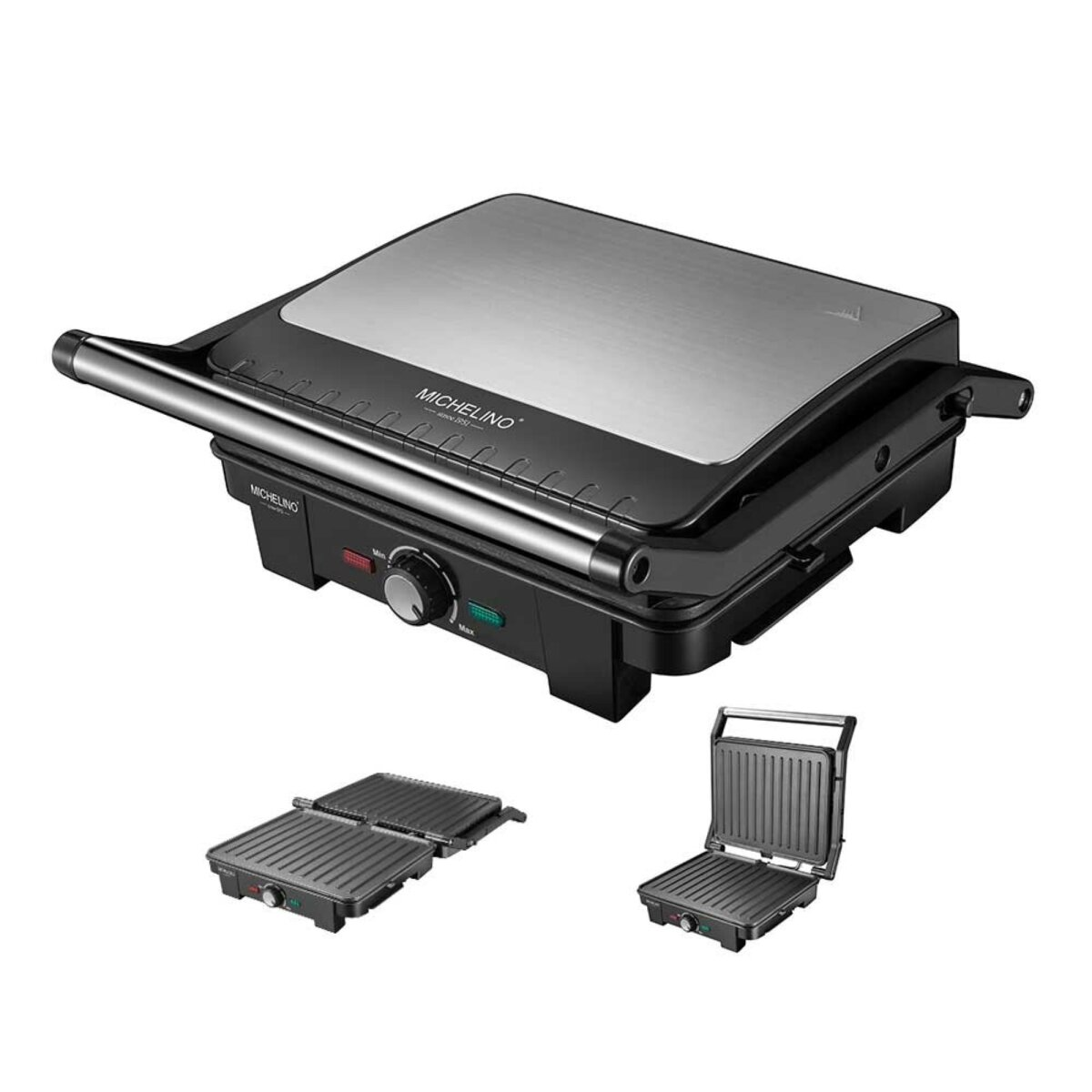 Ein schwarzer Michellino Grill mit zwei Grillplatten. Der Grill ist auf weißem Grund.