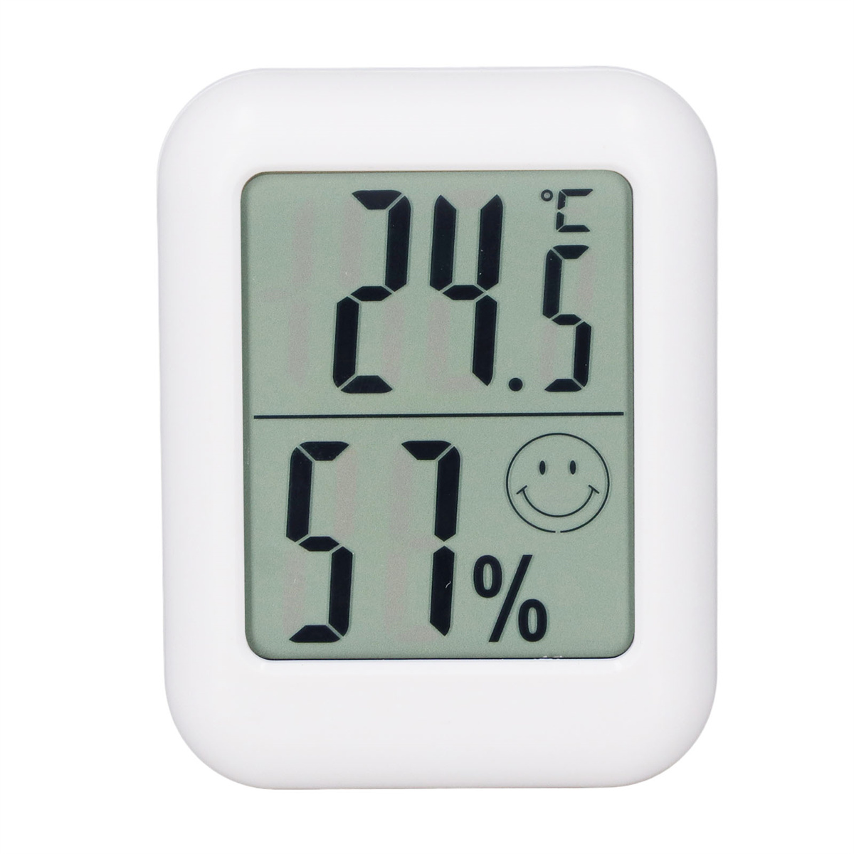 Ein weißes digitales Thermometer mit 24,5 °C und 67 % Luftfeuchtigkeit sowie einem Smiley.