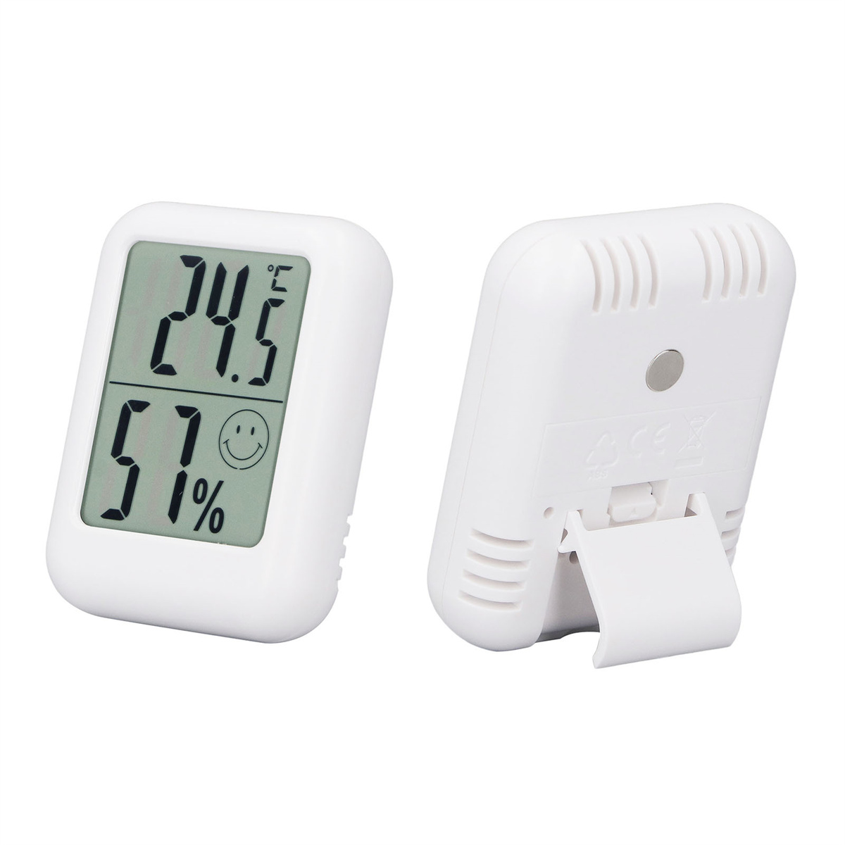 Zwei weiße digitale Thermometer. Eines zeigt Temperatur und Luftfeuchtigkeit, das andere die Rückseite.