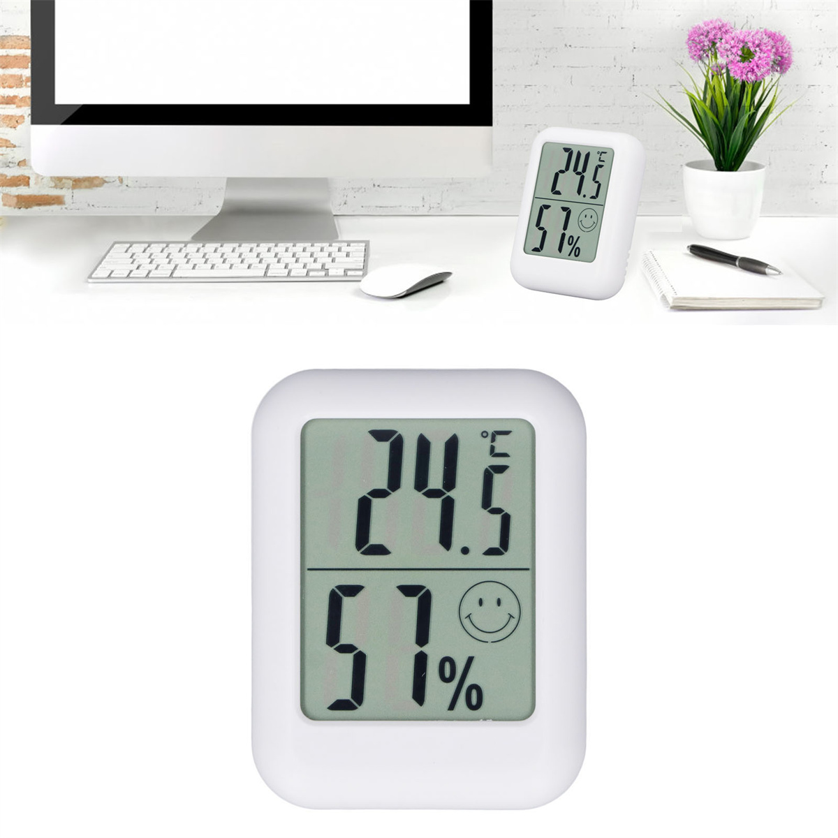 Weißes digitales Thermometer. Zeigt Temperatur und Luftfeuchtigkeit an. Weißer Hintergrund.