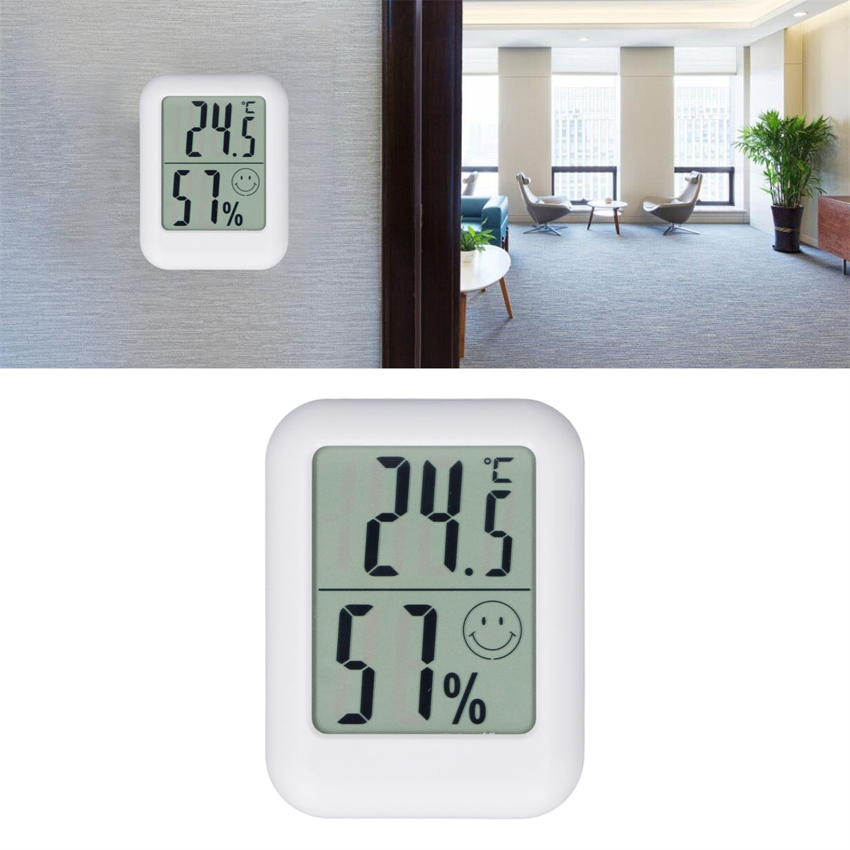 Digitalthermometer mit 24,5 °C und 57 % Luftfeuchtigkeit. Das Thermometer ist weiß und an einer grauen Wand montiert.