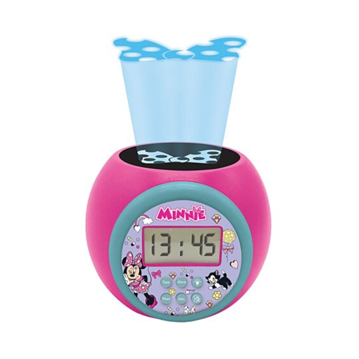 Roze Minnie Mouse wekker met een blauwe projectie. De tijd wordt digitaal weergegeven.