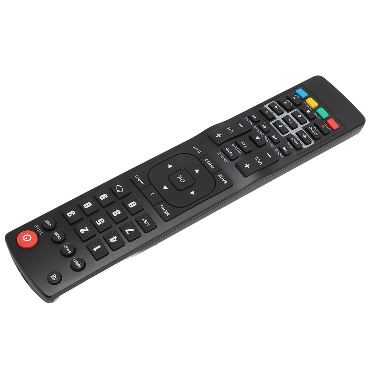Schwarze TV-Fernbedienung mit mehreren Tasten.